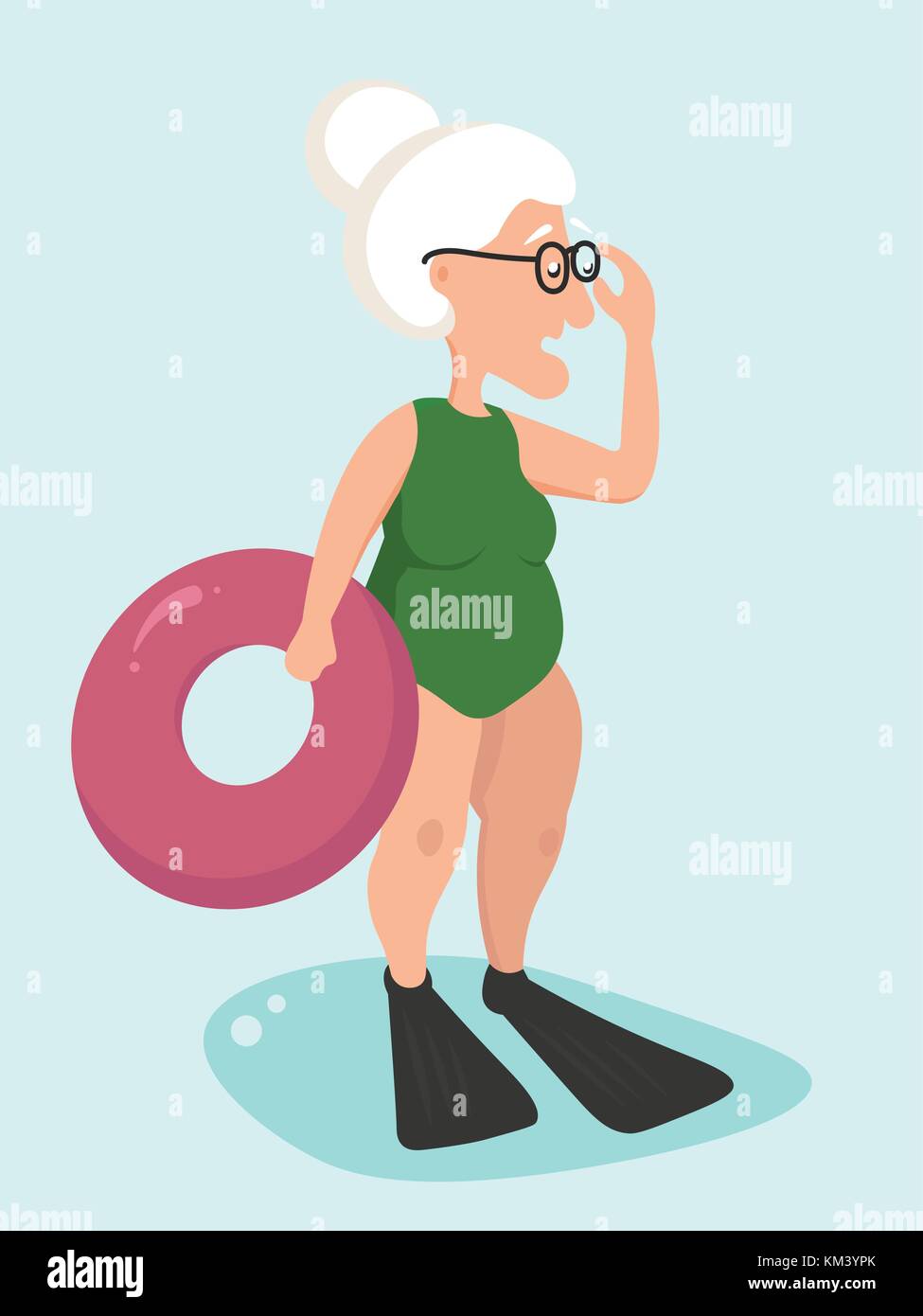 Eine ältere Frau in einem Badeanzug und ein rettungsring steht und überraschend ihre Brille anpassen. Stock Vektor