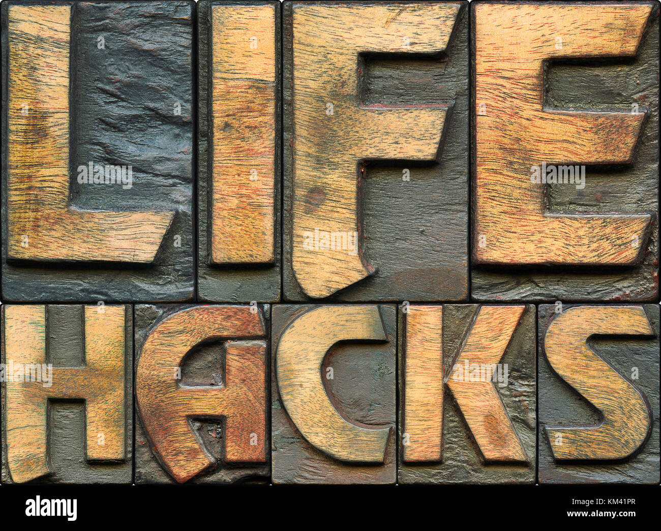 Leben hacks Label besteht aus alten Holz- Buchdruck Typ Stockfoto