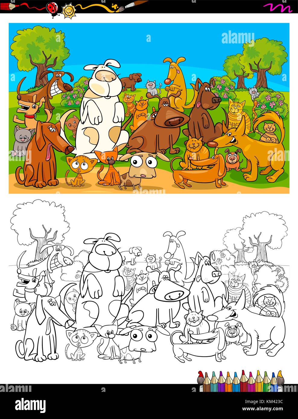 Cartoon Illustration von Katzen und Hunden tierischen Zeichen Gruppe im Park Malbuch Aktivität Stock Vektor