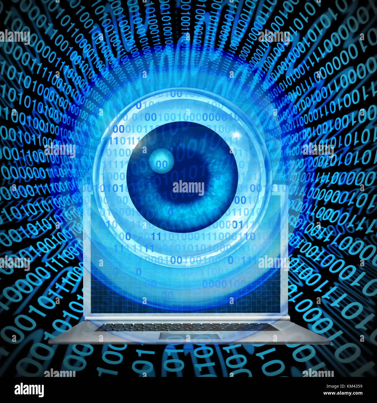 Computersicherheitsüberwachung oder Cybersicherheitslogistik-Überwachung als Laptop-Notebook mit digitalem Blickfang als 3D-Rendering. Stockfoto