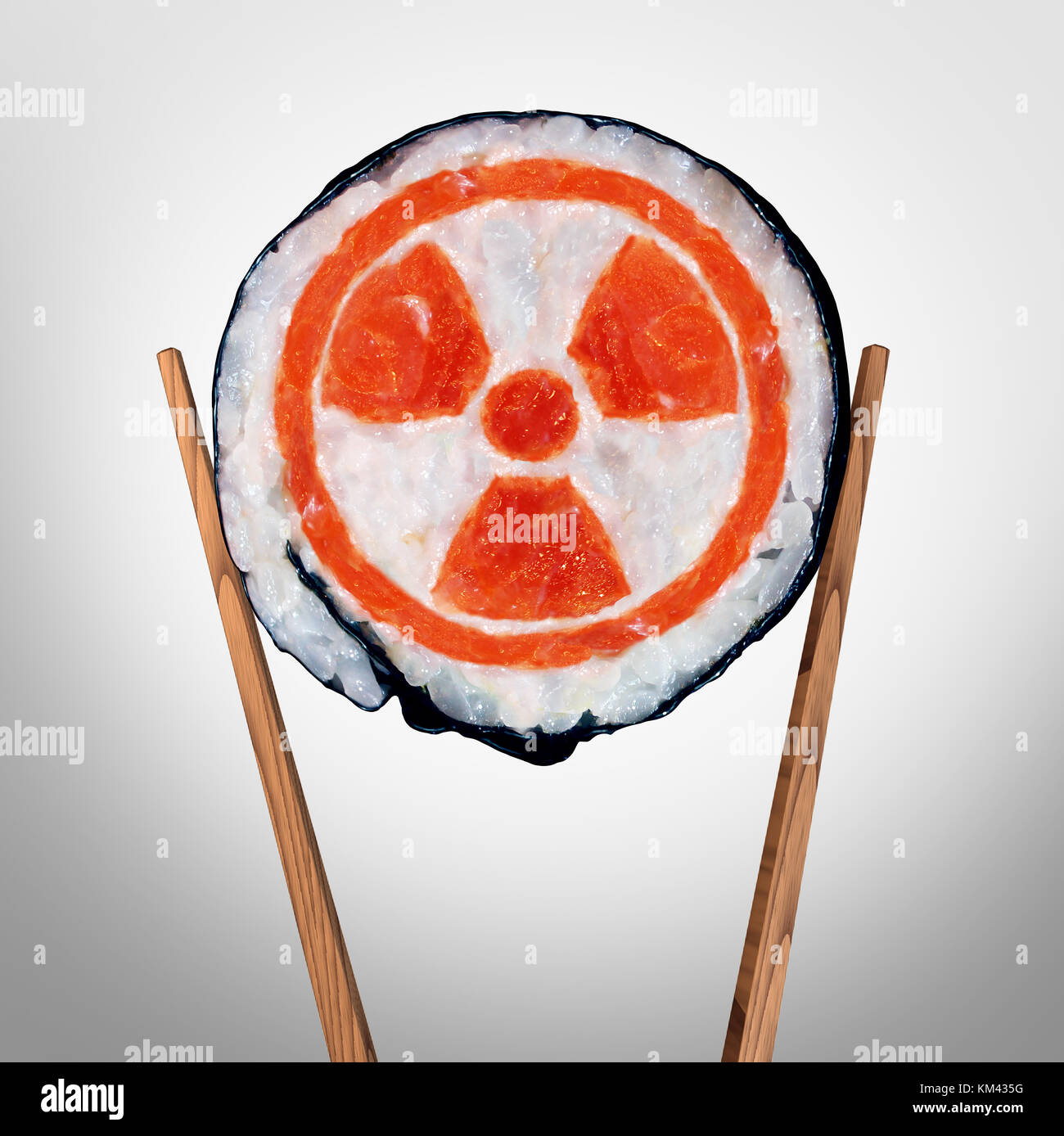 Radioaktiv kontaminierte Lebensmittel und Essen mit Radioaktivität als ein Stück Sushi mit Stäbchen als Metapher für nukleare Bedrohung in Asien. Stockfoto