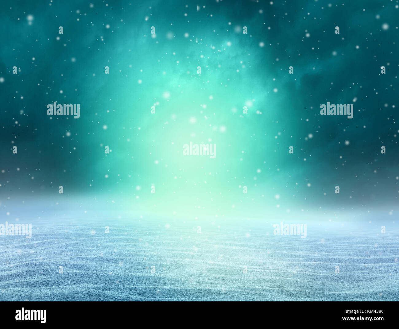 Magische winter Hintergrund als Fantasie Schnee Landschaft mit einer arktischen Norden aurora borealis natürliche Beleuchtung in einer 3D-Darstellung. Stockfoto