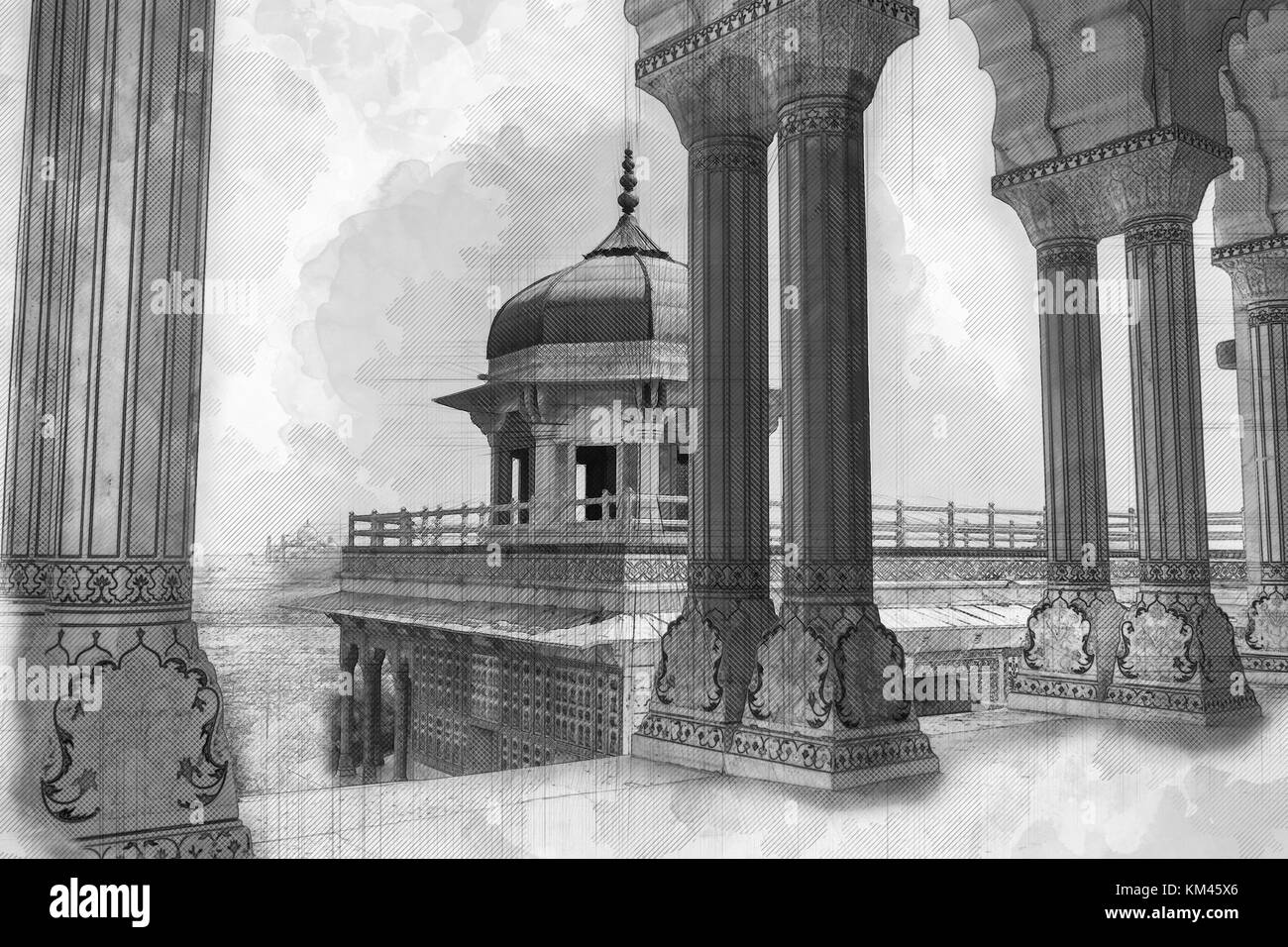 Agra Fort historischen Architektur in Abbildung Skizze Kunst mit Säulen und Blick auf musamman Burj Kuppel Stockfoto