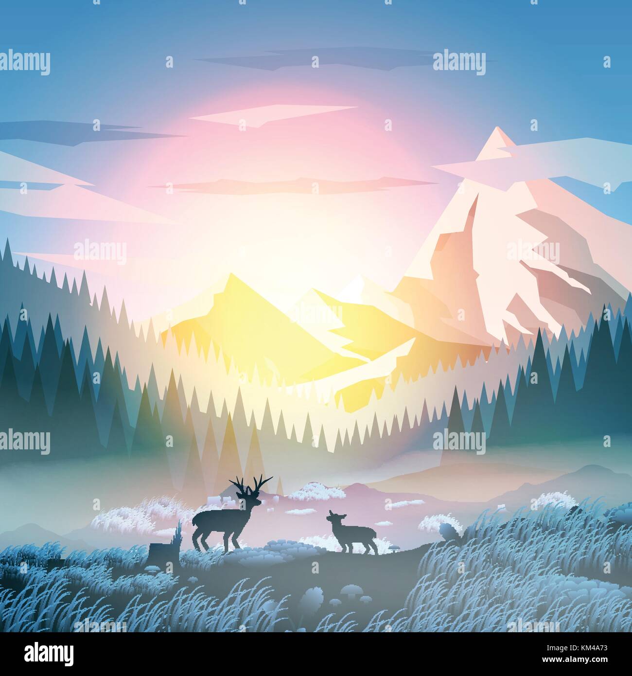 Bei Sonnenuntergang oder in der Dämmerung über Berge mit Hirsch auf Hill Top Pinienwald Landschaft - Vector Illustration Stock Vektor