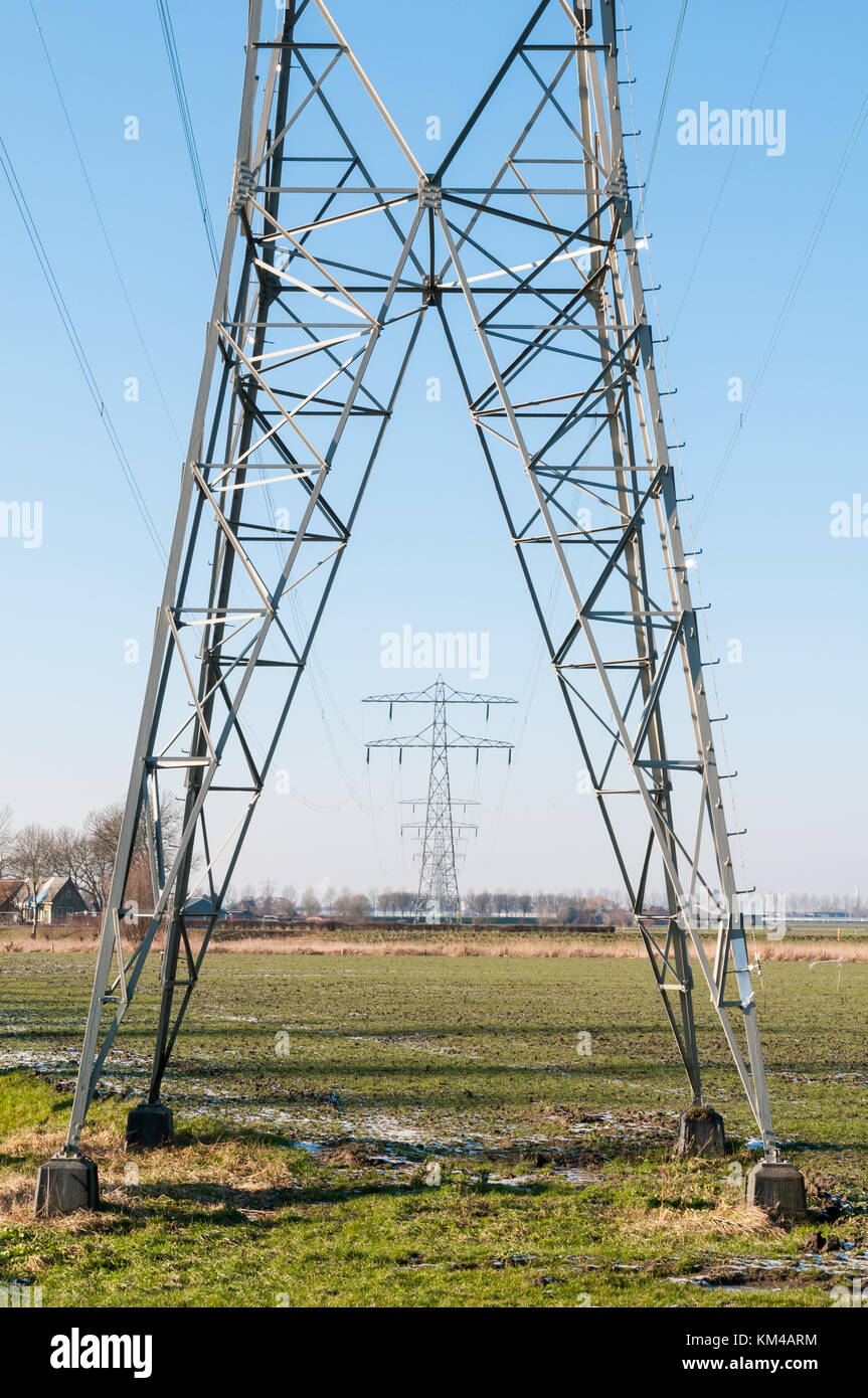 Eine Reihe von Hochspannung Strommasten stehen in einem ländlichen Gebiet und vor blauem Himmel in den Niederlanden. Stockfoto