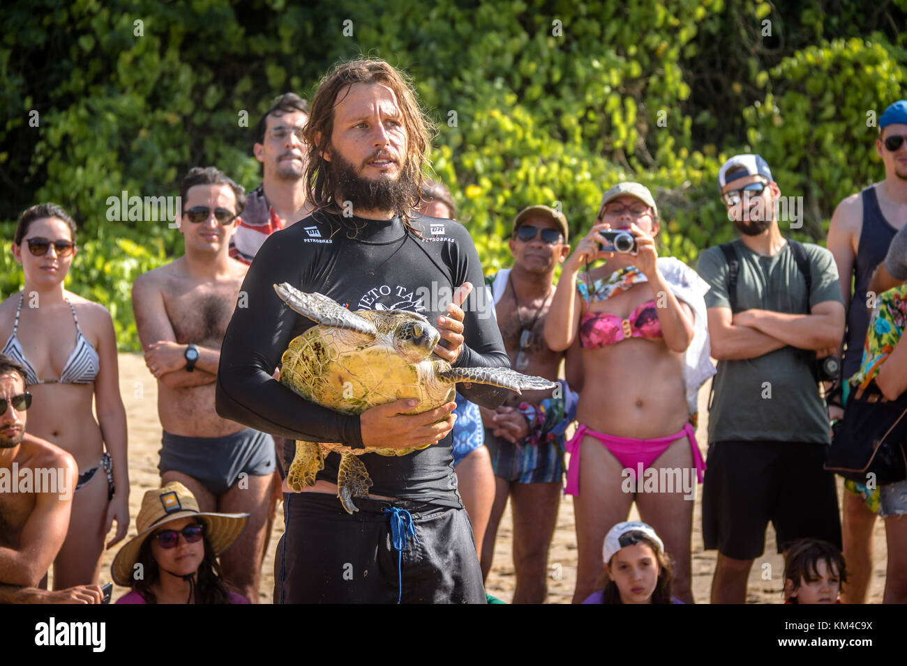 Wissenschaftliche Erfassung von Meeresschildkröten durch das Tamar-Projekt (Projeto Tamar) in Praia do Boldro - Fernando de Noronha, Pernambuco, Brasilien Stockfoto