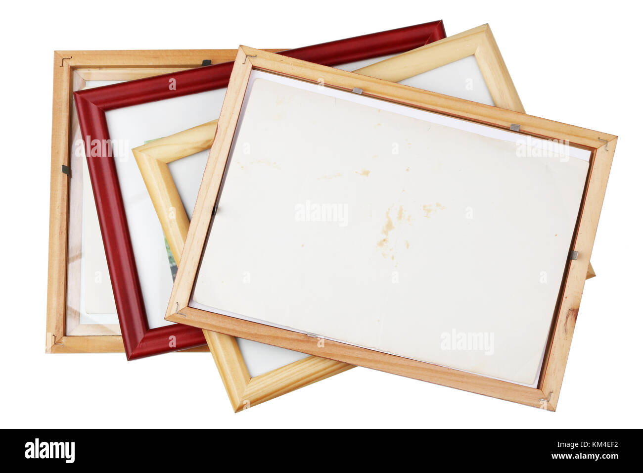 Rückseite der alten hölzernen vintage Bilderrahmen Heap. auf weißem Top View Studio isolierte Schuß Stockfoto