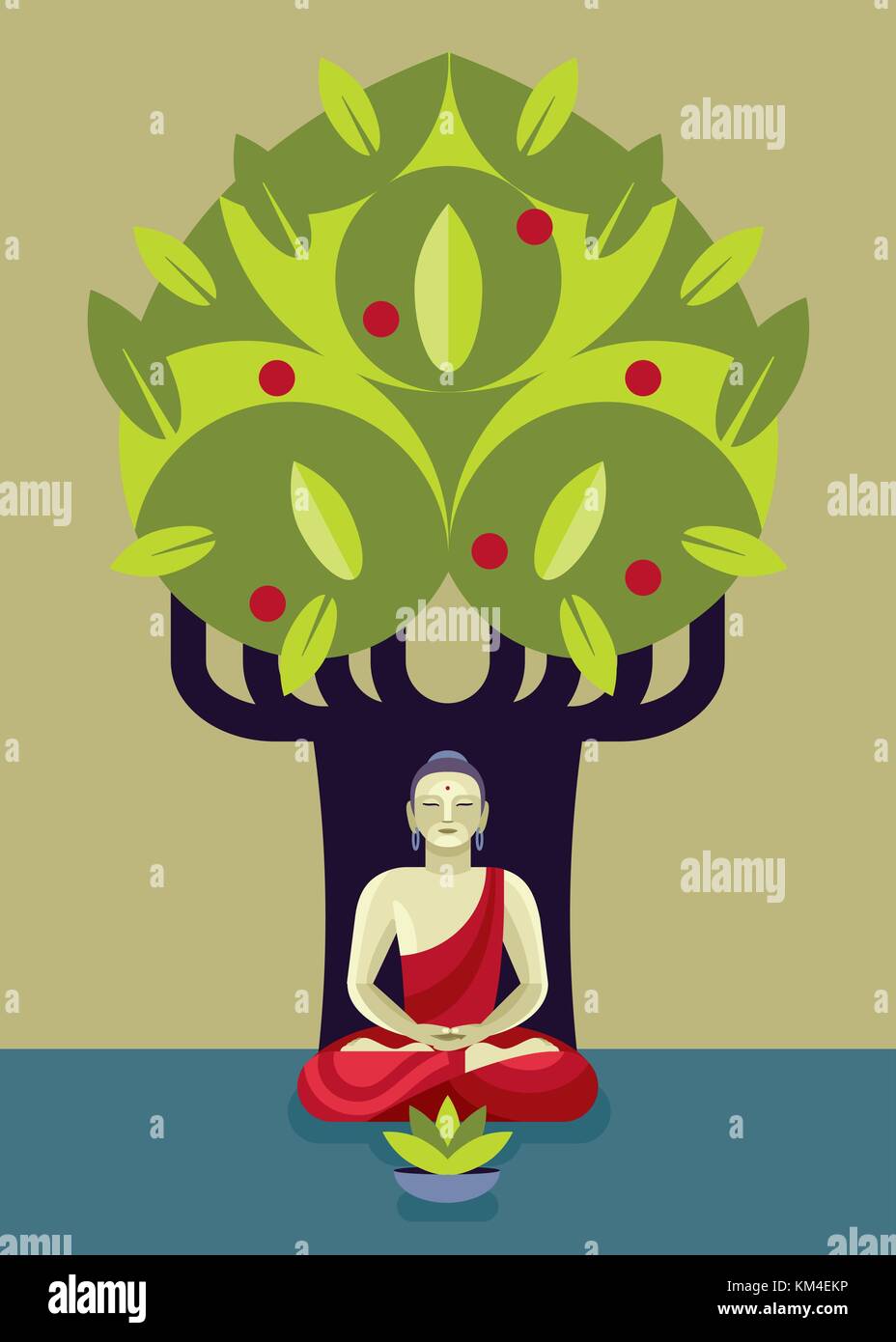 Sidarta Buddha, der Gründer des Buddhismus, Zen Meditation üben vor der Bodhi Baum. Stock Vektor