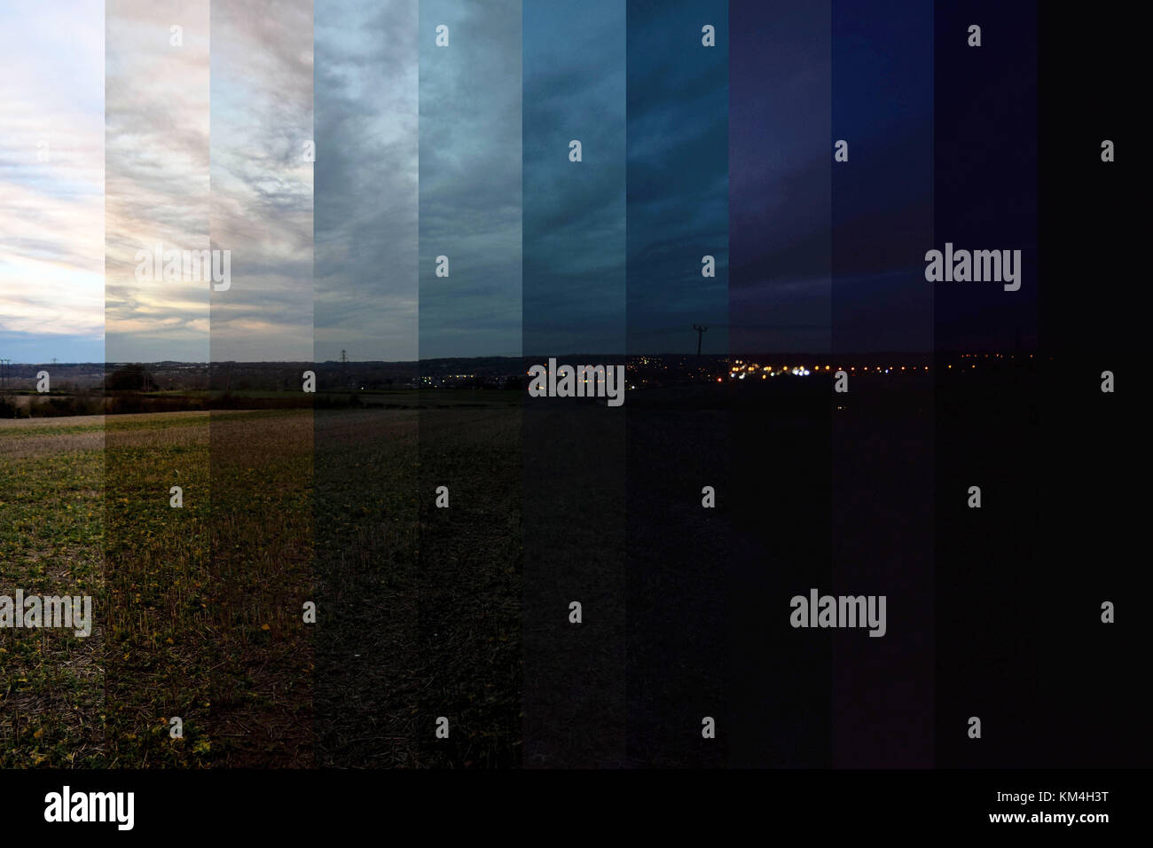Ein Zeitraffer der Sonnenuntergang über einem Feld in schrittweise 10 Minuten Schritte gezeigt Stockfoto