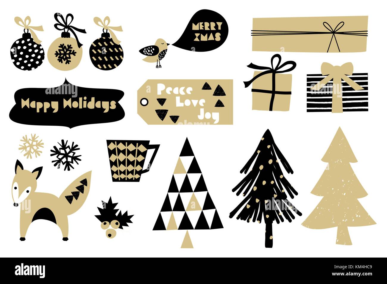 Eine Reihe von skandinavischen Stil Weihnachten Design Elemente in schwarzen und goldenen auf weißem Hintergrund. Stock Vektor