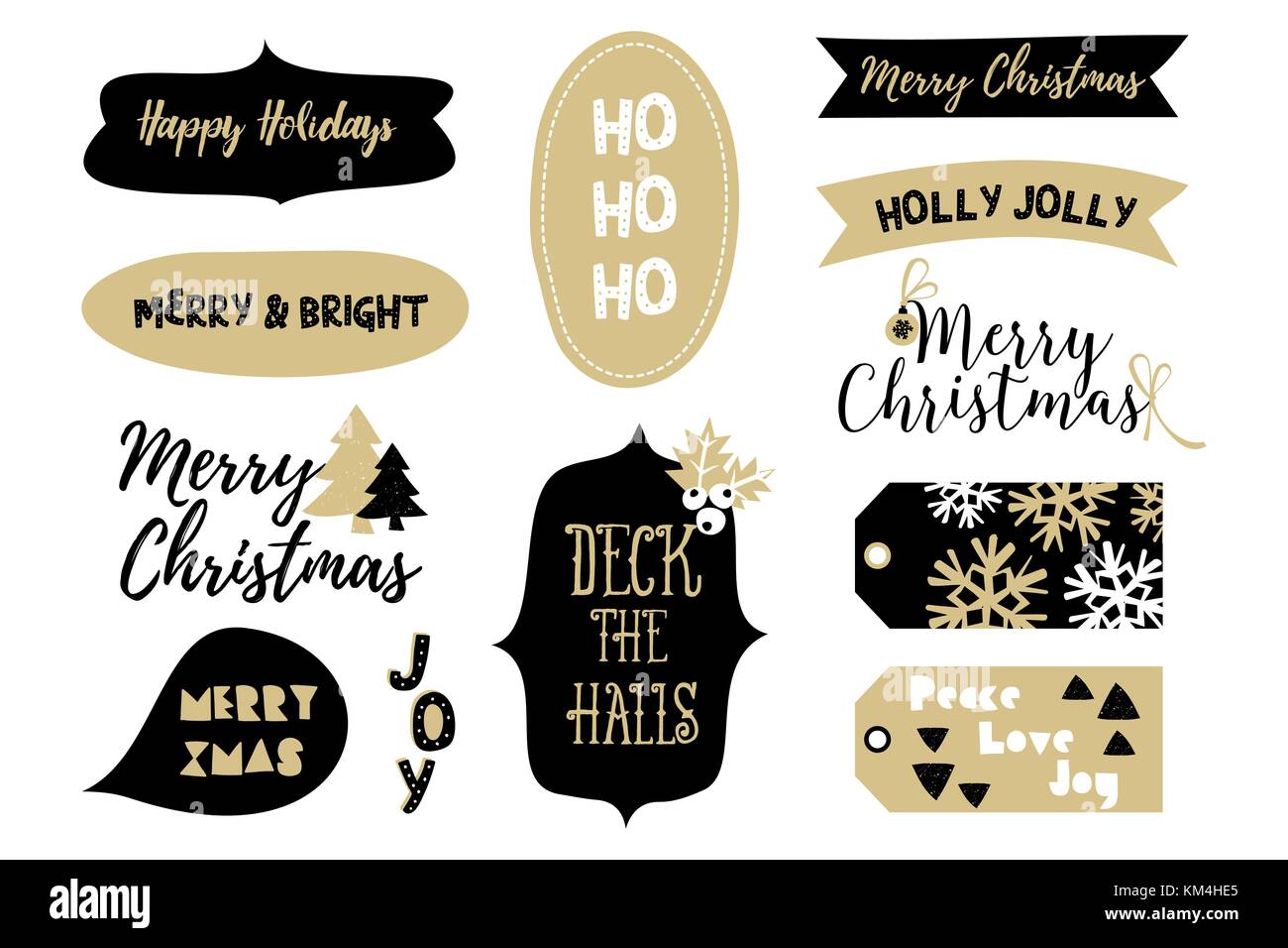 Eine Reihe von typographischen Stil Weihnachten Design Elemente in schwarzen und goldenen auf weißem Hintergrund. Stock Vektor