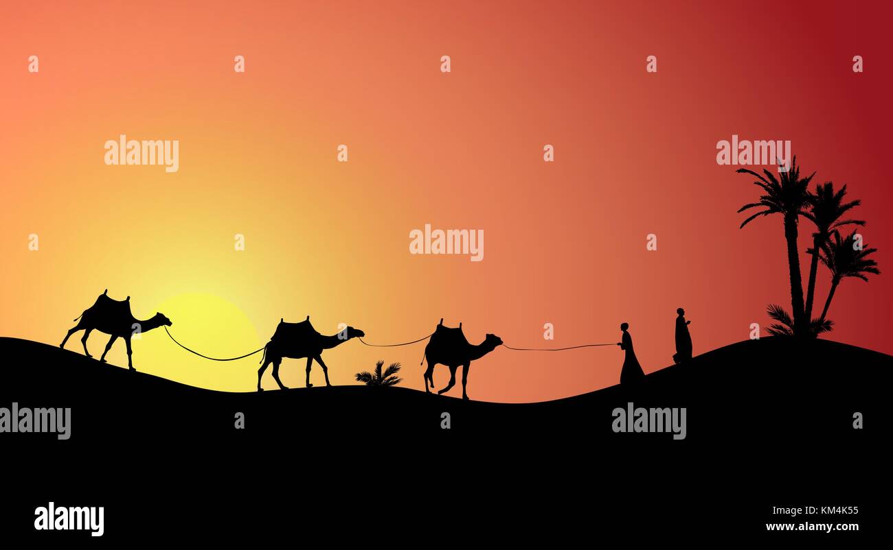 Silhouette von Caravan mit Menschen und Kamele durch die Wüste mit Palmen bei Tag und Nacht wandern. Vector Illustration.eps 10. Stock Vektor