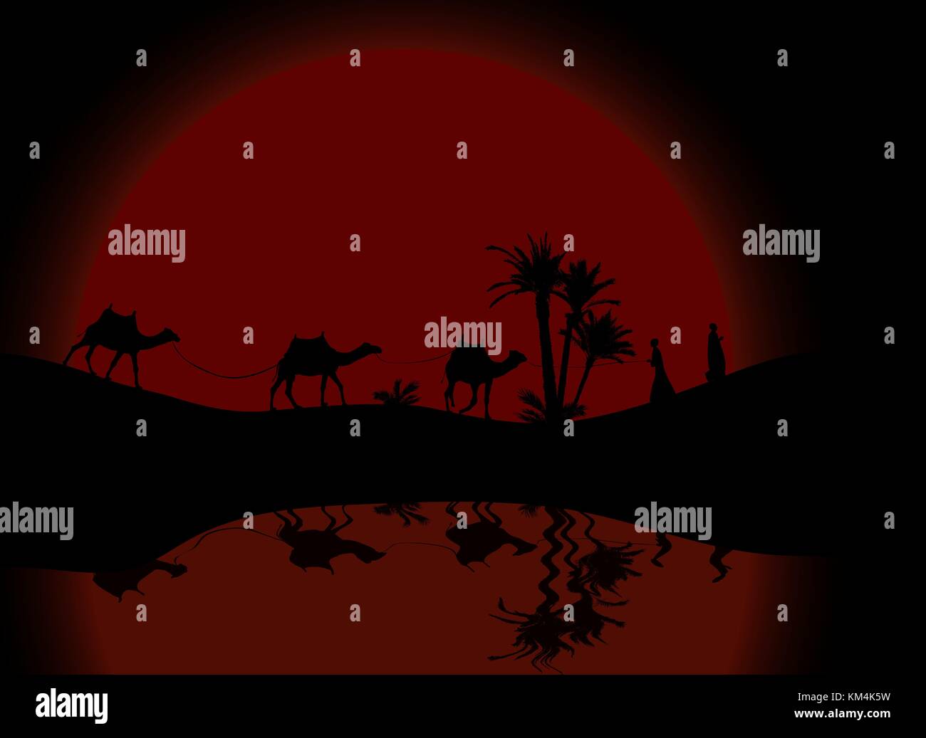 Reflexion im Wasser Silhouette von Caravan mit Menschen und Kamele durch die Wüste mit Palmen bei Tag und Nacht wandern. Vector Illustration.eps 10. Stock Vektor