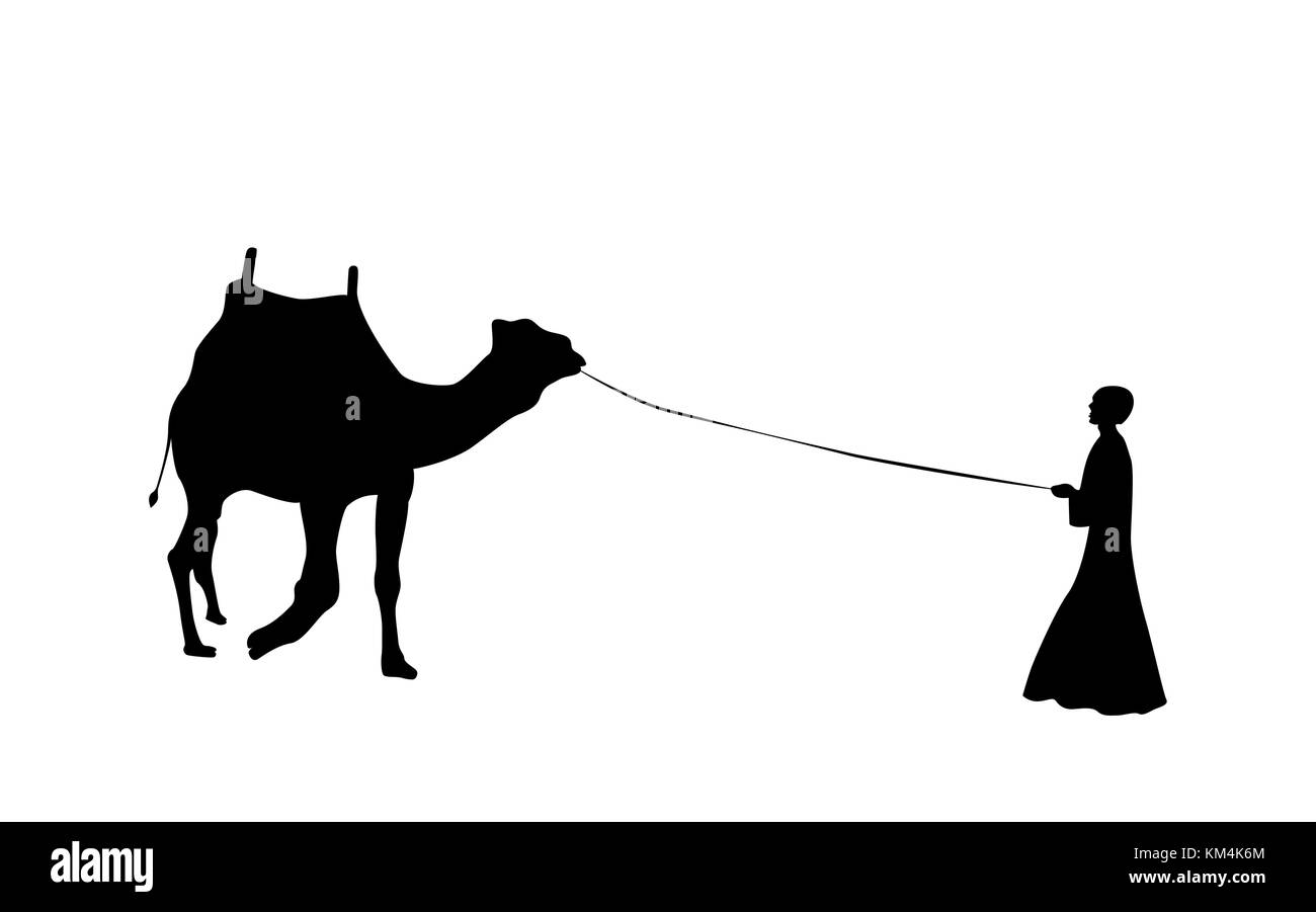 Schwarze und weiße Silhouette eines Kamels mit einem Beduinen. Vector Illustration.eps 10. Stock Vektor