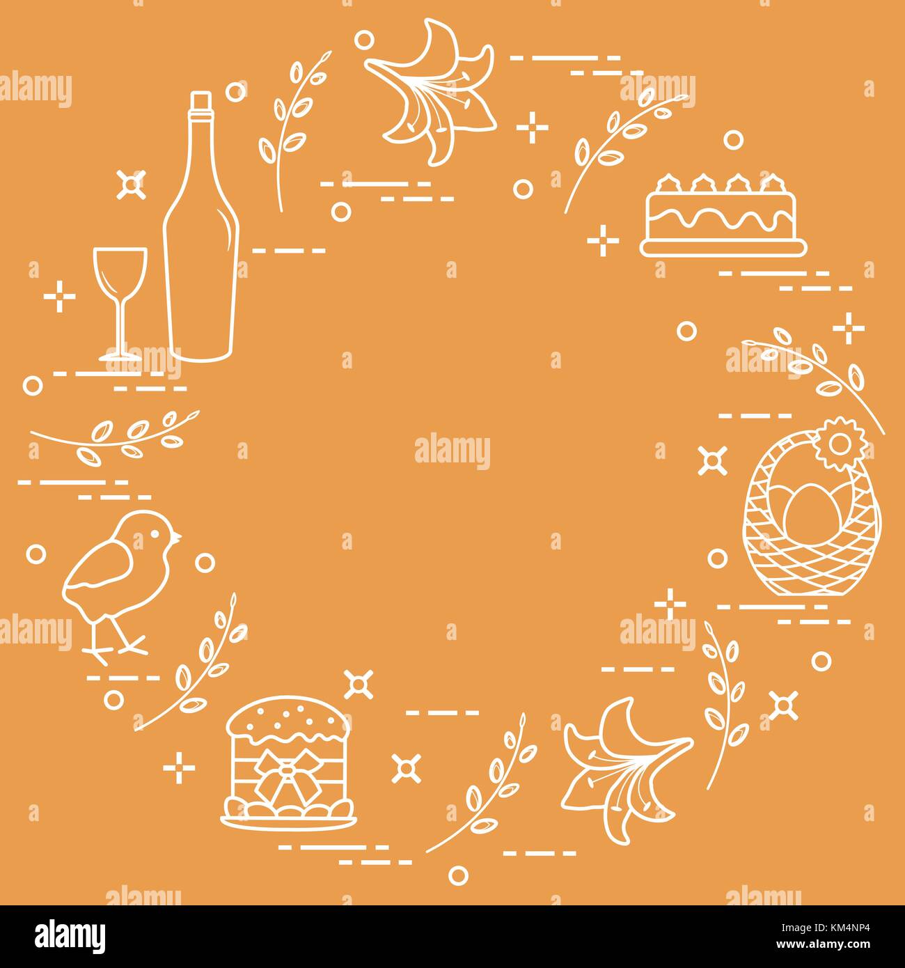 Verschiedene Ostern Symbole in einem Kreis angeordnet: simnel Cake, Küken, Lily, Körbe, Eier und andere. Design für Banner, Poster oder Drucken. Stock Vektor