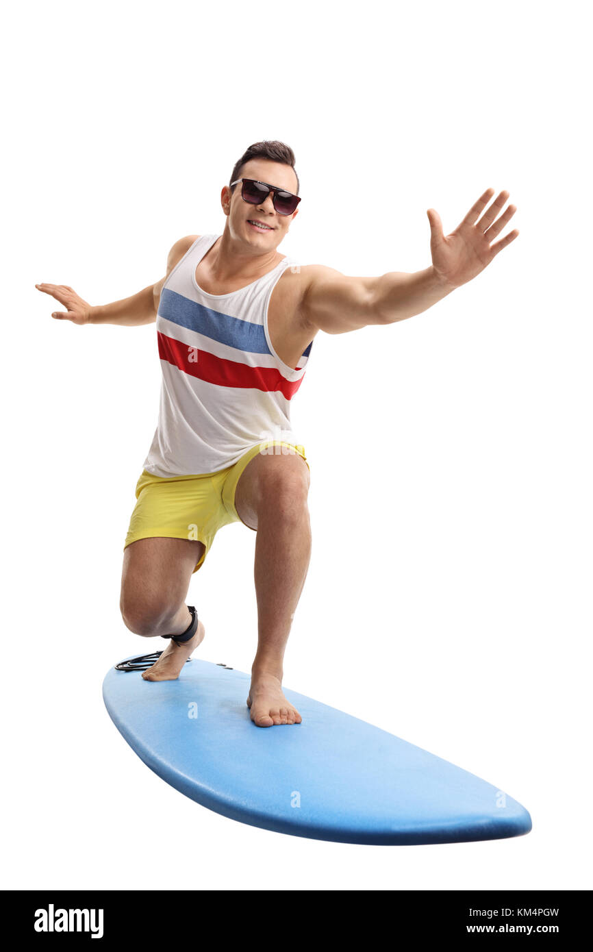 Junger Mann surfen auf weißem Hintergrund Stockfoto