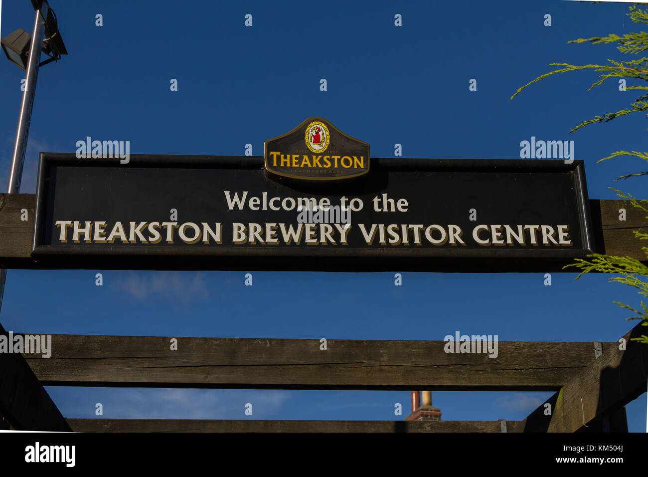 Theakston Brewery Beschilderung, Masham, Yorkshire. 2017. Stockfoto