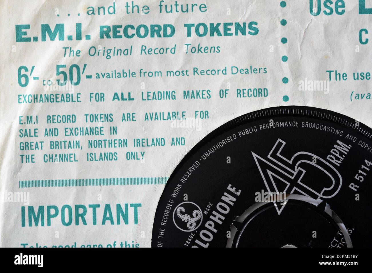 Eine Anzeige für EMI record Token auf einen alten Eintrag Hülse Stockfoto
