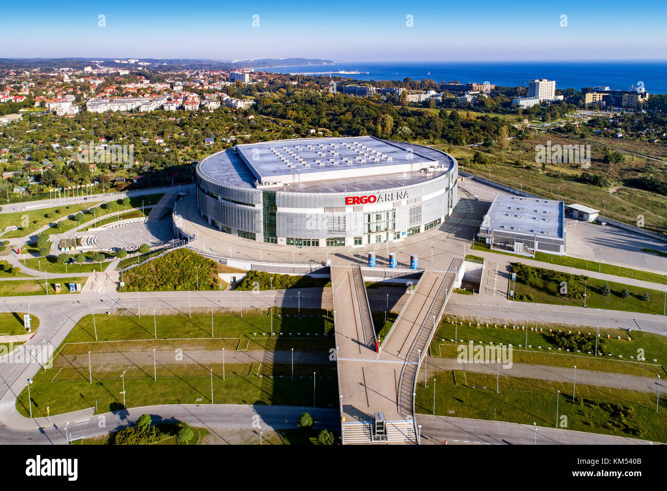 SOPOT, DANZIG, POLEN - 1. OKTOBER 2017: ERGO Arena in Sopot, Danzig. Moderne Unterhaltung, Sportstätte und Konzerthalle. Stockfoto