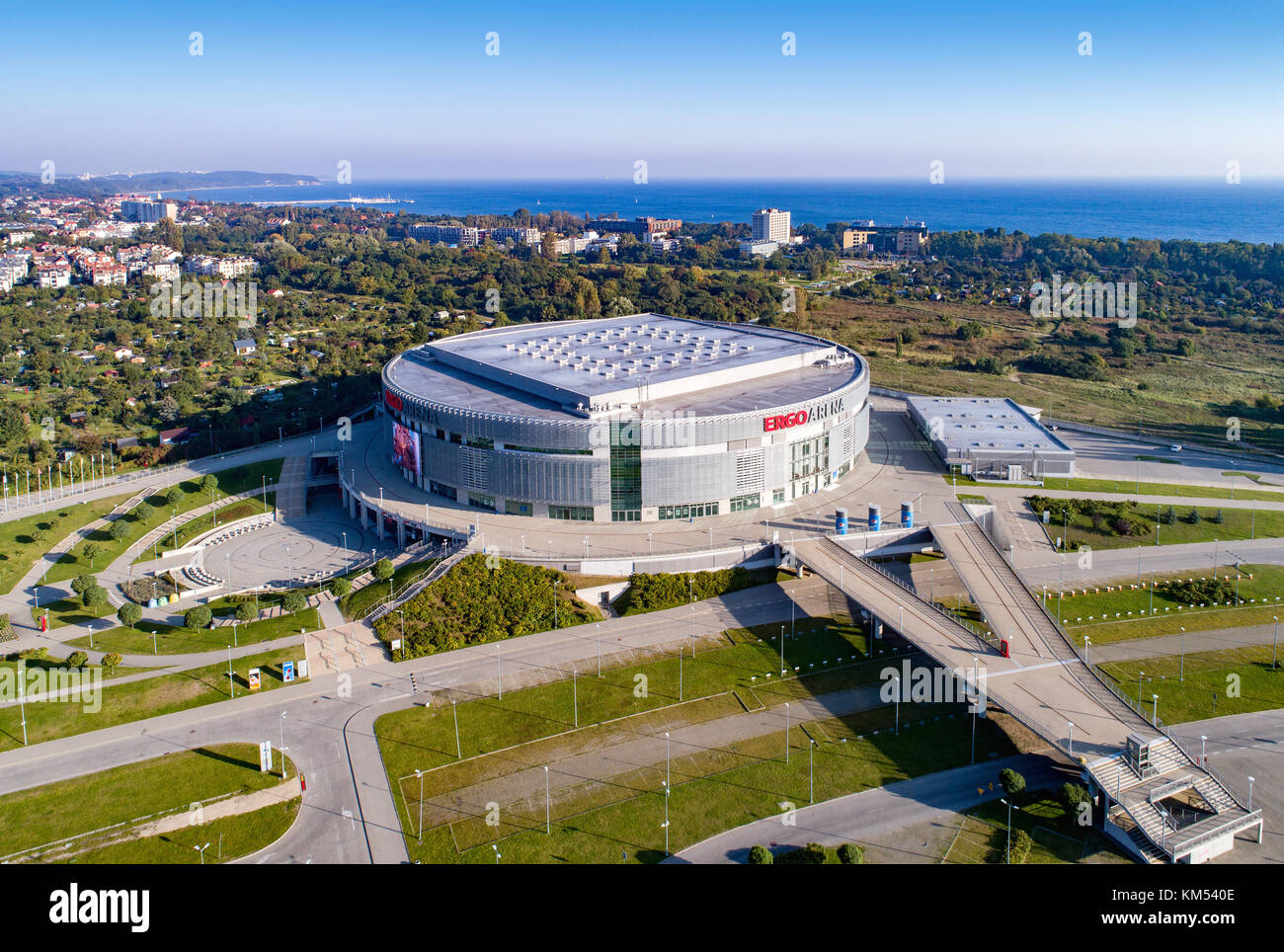 SOPOT, DANZIG, POLEN - 1. OKTOBER 2017: ERGO Arena in Sopot, Danzig. Moderne Unterhaltung, Sportstätte und Konzerthalle. Stockfoto