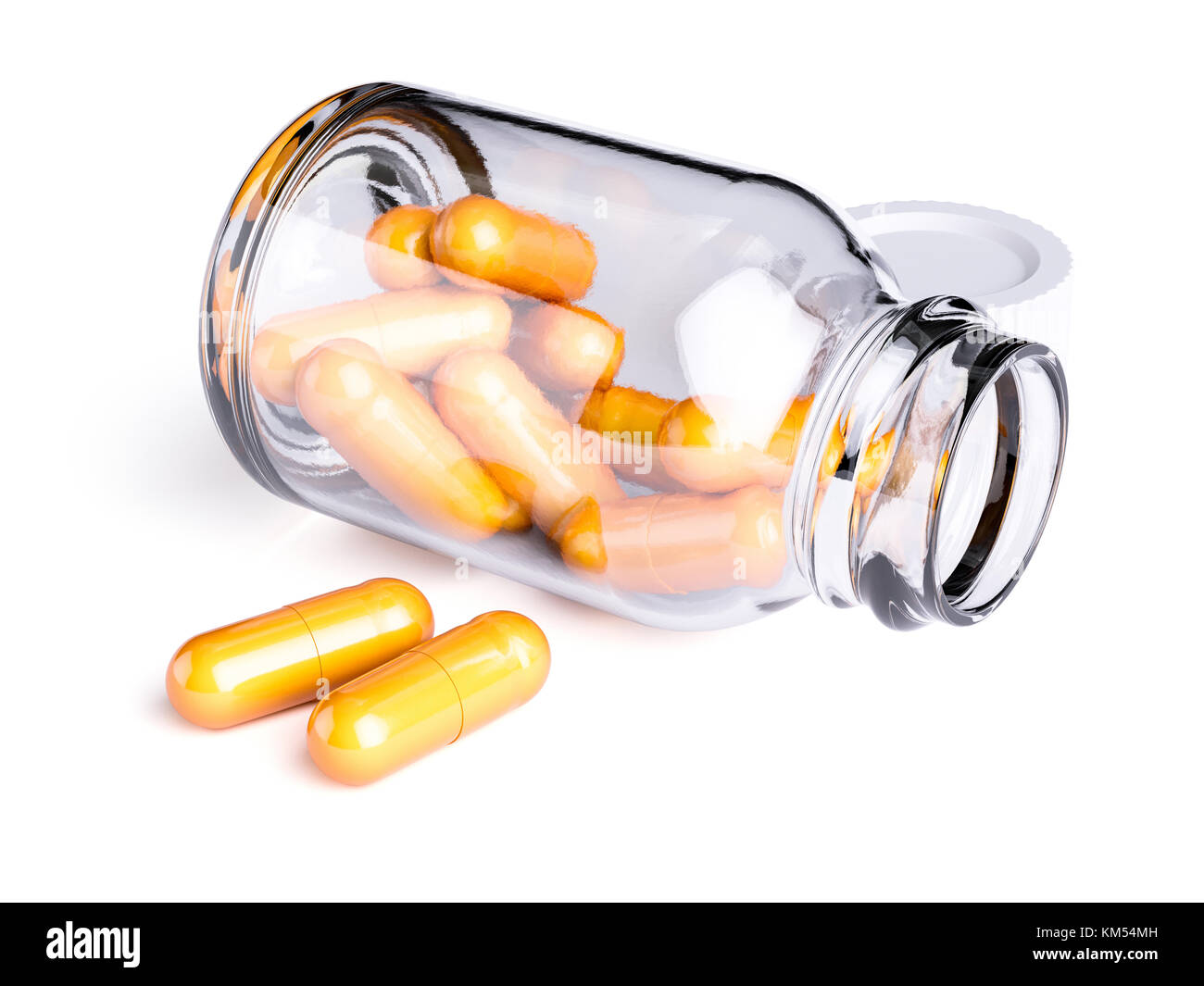 Orange Pillen Kapseln Tabletten wth Glasfläschchen auf weißem Hintergrund fiel isoliert. 3D Rendering illustration Stockfoto
