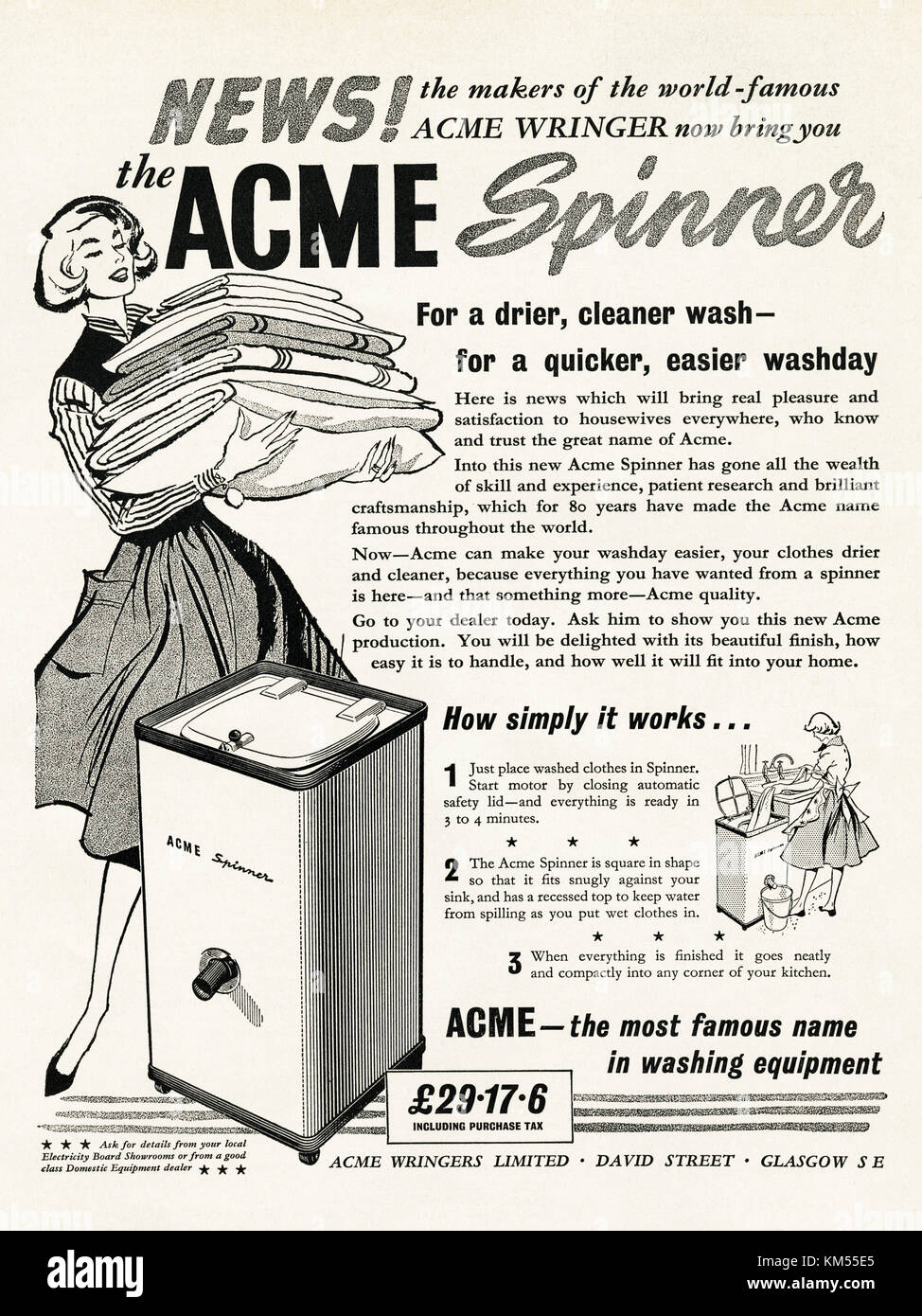 1950er Jahre alte Originalwerbung im britischen Magazin Printwerbung für Acme Spin Dringer von Acme Wringers Limited aus Glasgow, Schottland, UK, vom 1958 Stockfoto