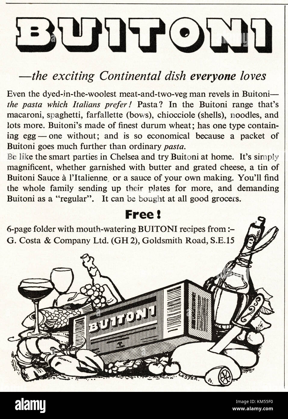 1950er alte alte alte Originalwerbung im britischen Zeitschriftendruck, in der Buitoni Pasta von 1958 angepriesen wird Stockfoto