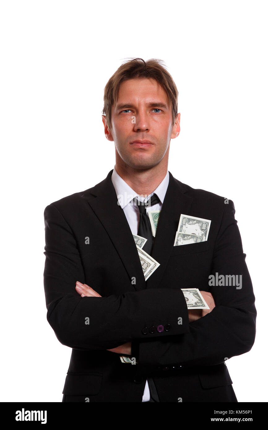Porträt der Mann im Anzug mit Geld in den Taschen Stockfoto