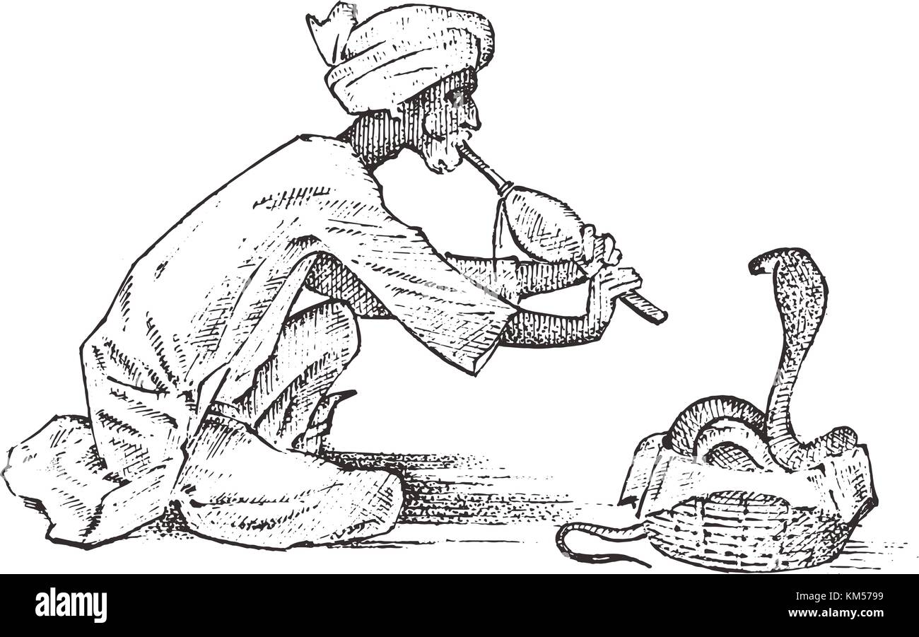 Schlangenbeschwörer. Mann spielt die Flöte für hypnotisieren. Cobra in Indien. Taschenspielertricks. pungi für vipern. Hand gezeichnet und in Vintage Style graviert für Verpackung und Kennzeichnung oder Tätowierung. Stock Vektor