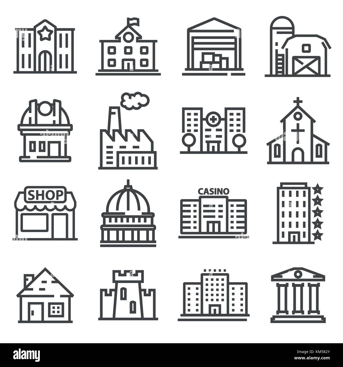Einstellen der öffentlichen, staatlichen und kommerziellen städtischen Gebäude und Institutionen. Vector Illustration Stock Vektor