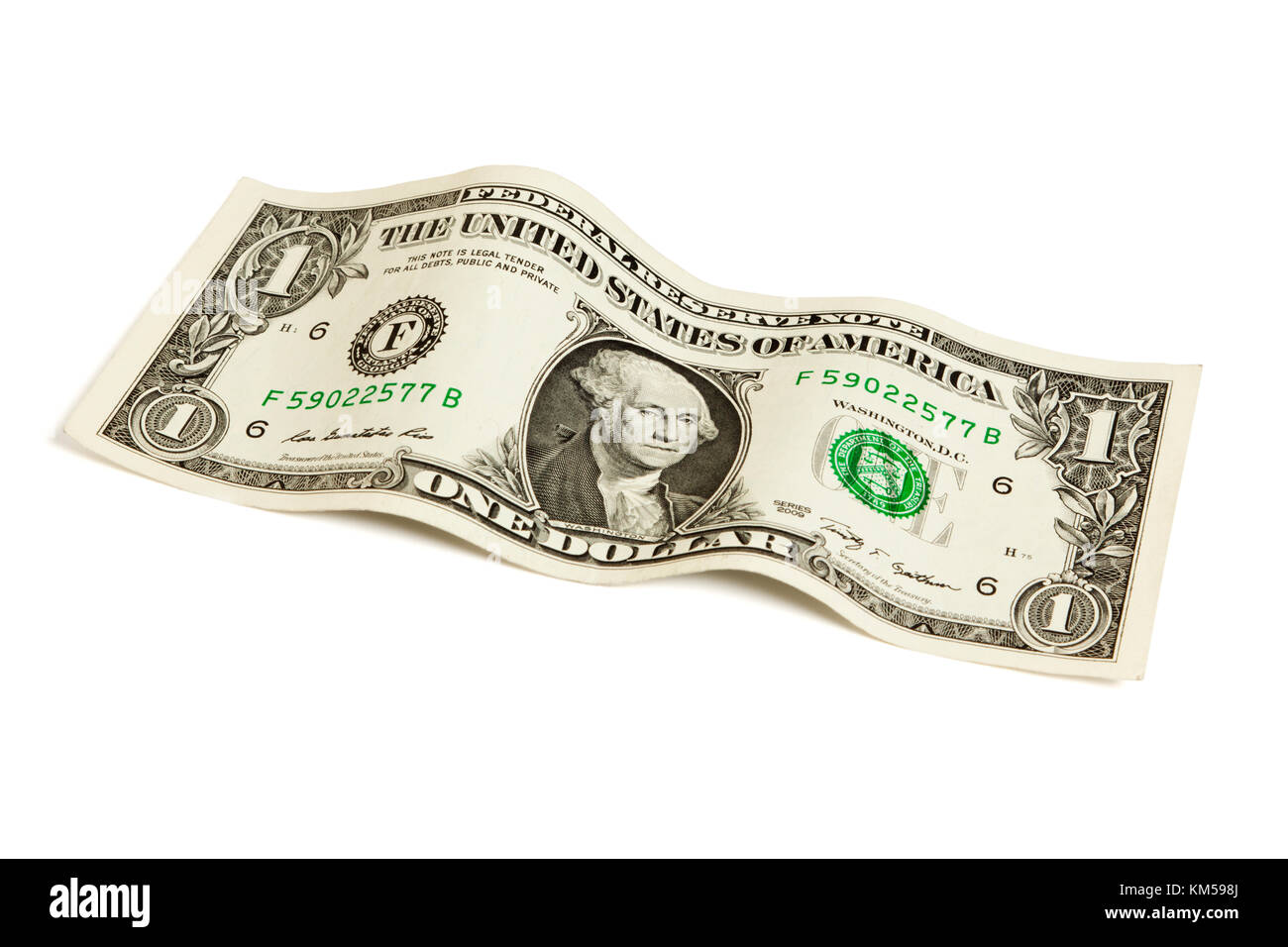 1 Dollar Bill in Wellenform mit Freistellungspfad isoliert Stockfoto