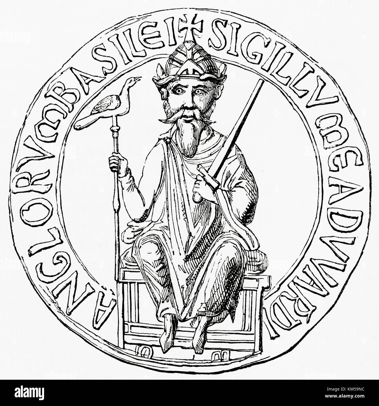 Großes Siegel von Edward dem Bekenner. Sein großes Siegel war ein Wachs von seinem eigenen Gesicht, um zu zeigen, dass ein Dokument die Kraft seines Willens trug. Edward der Bekenner, um 1003–1066, auch bekannt als Saint Edward der Bekenner. Einer der letzten angelsächsischen Könige Englands. Aus Ward and Lock's Illustrated History of the World, veröffentlicht um 1882. Stockfoto