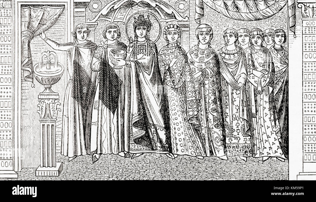 Die Kaiserin Theodora und ihrem Gefolge, aus einem Mosaik in St. Vitale in Ravenna, Italien. Theodora, 500 - 548. Kaiserin des Byzantinischen Reiches durch Heirat mit Kaiser Justinian I. von Station und Lock's illustrierte Geschichte der Welt, veröffentlicht C 1882. Stockfoto