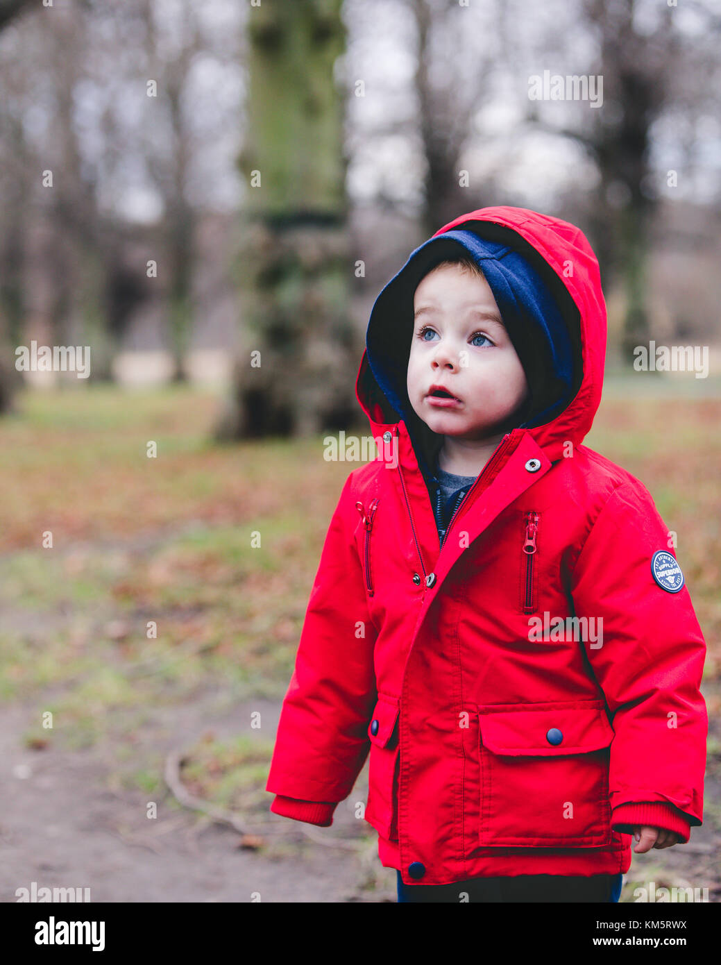 Little Boy Spielen im Freien - happy blue eye Junge in einen warmen Mantel Stockfoto