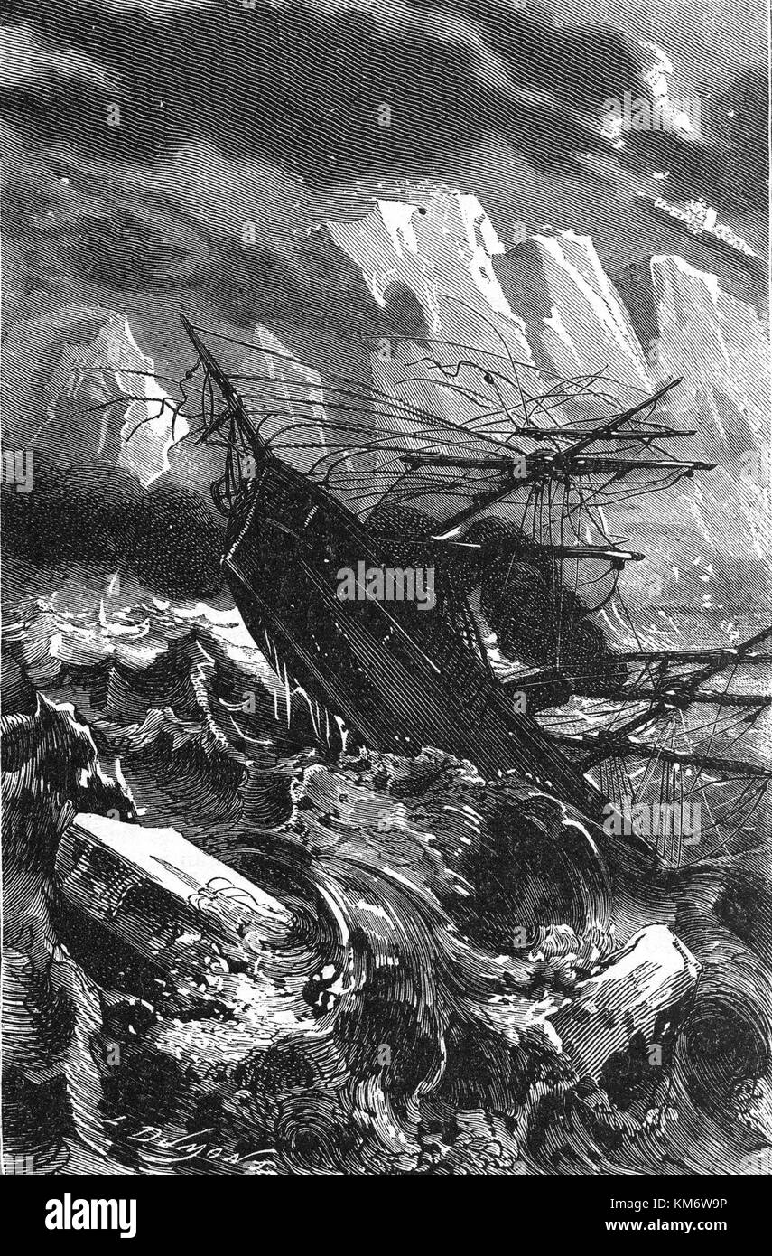 Dieses Bild zeigt ein Riou-Schiff, das von einem Hurrikan gefangen wurde, und zeigt die Schwere des Sturms und die Widerstandsfähigkeit des Schiffes unter widrigen Bedingungen. Es zeigt Seekämpfe gegen extremes Wetter. Stockfoto