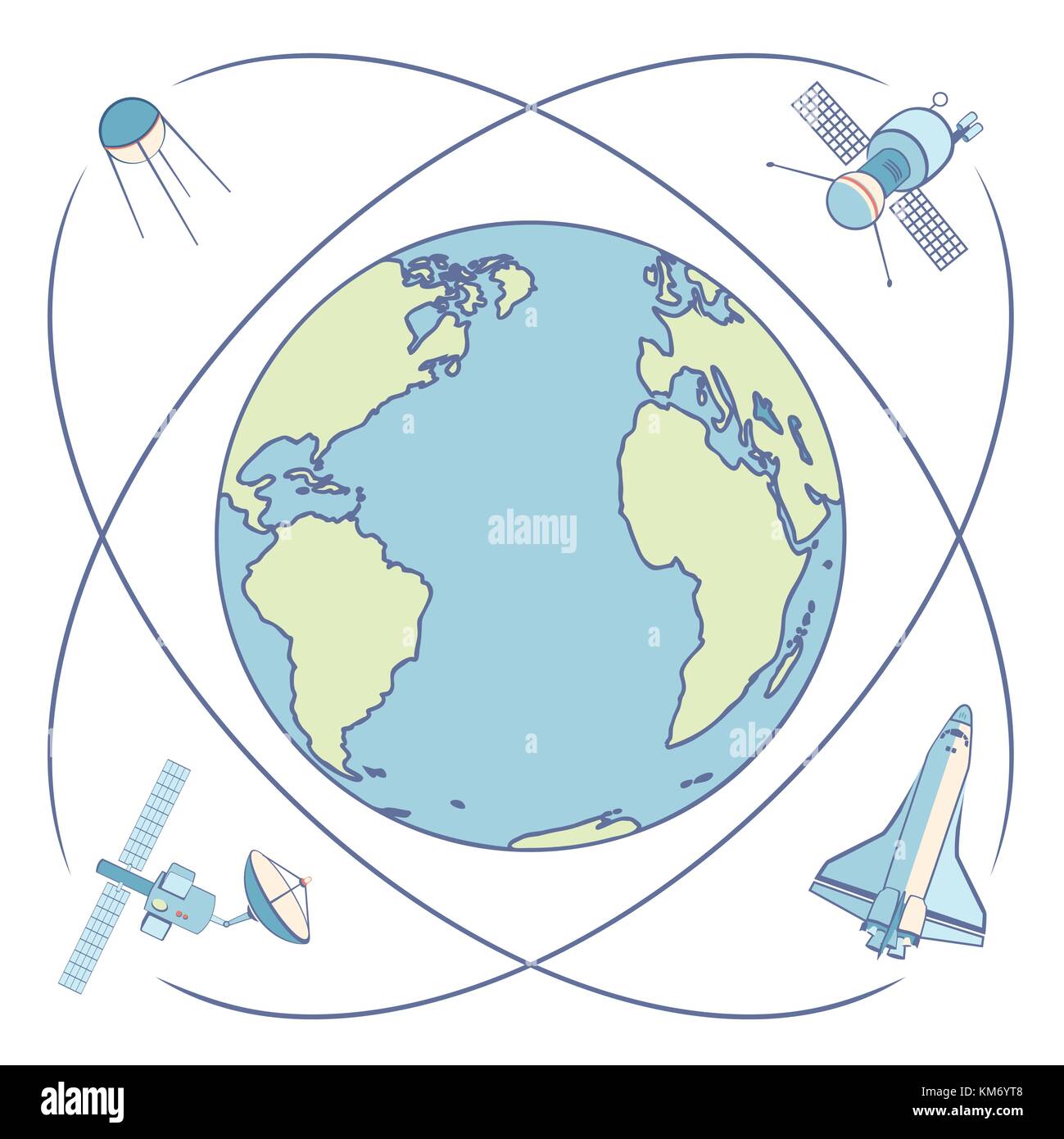Die Erde im Weltall. Satelliten und Raumfahrzeuge Umlaufbahn um die Erde. Stock Vektor