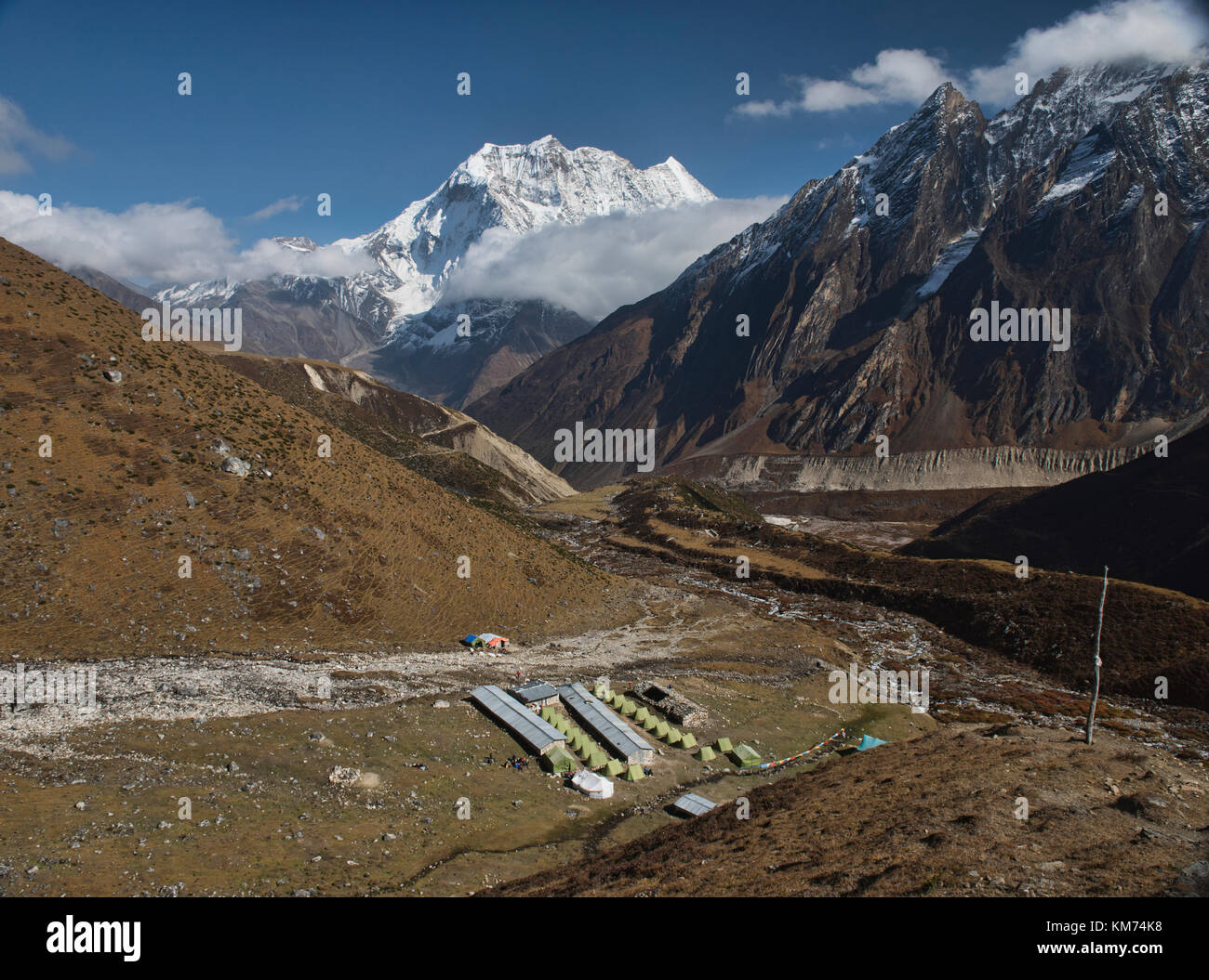 Zeltlager in Memphis vor dem Larkya La Pass, Manaslu Circuit, Nepal Stockfoto