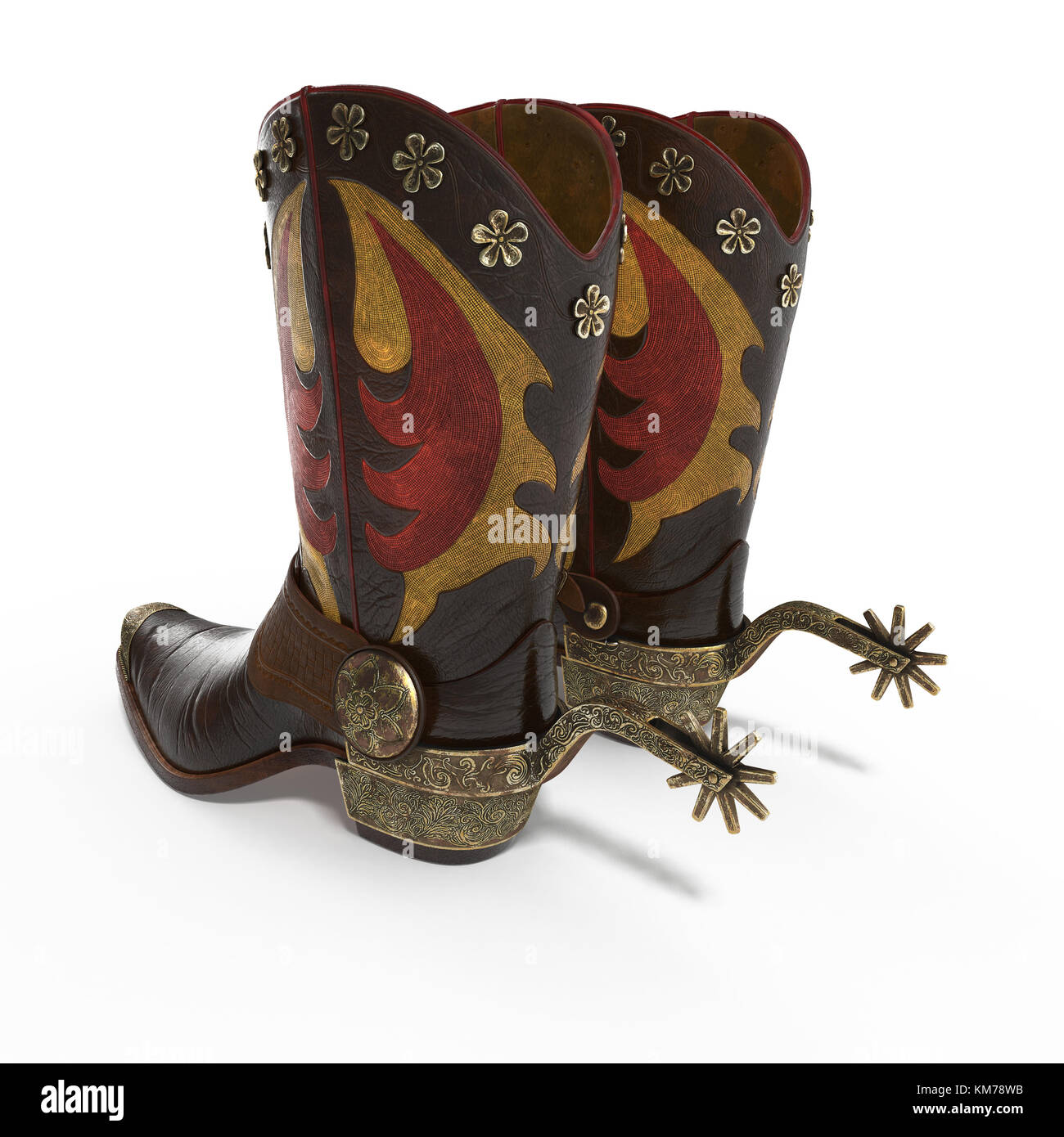 Dekorative Cowboy-stiefel isoliert auf Weiss. 3D-Darstellung Stockfoto