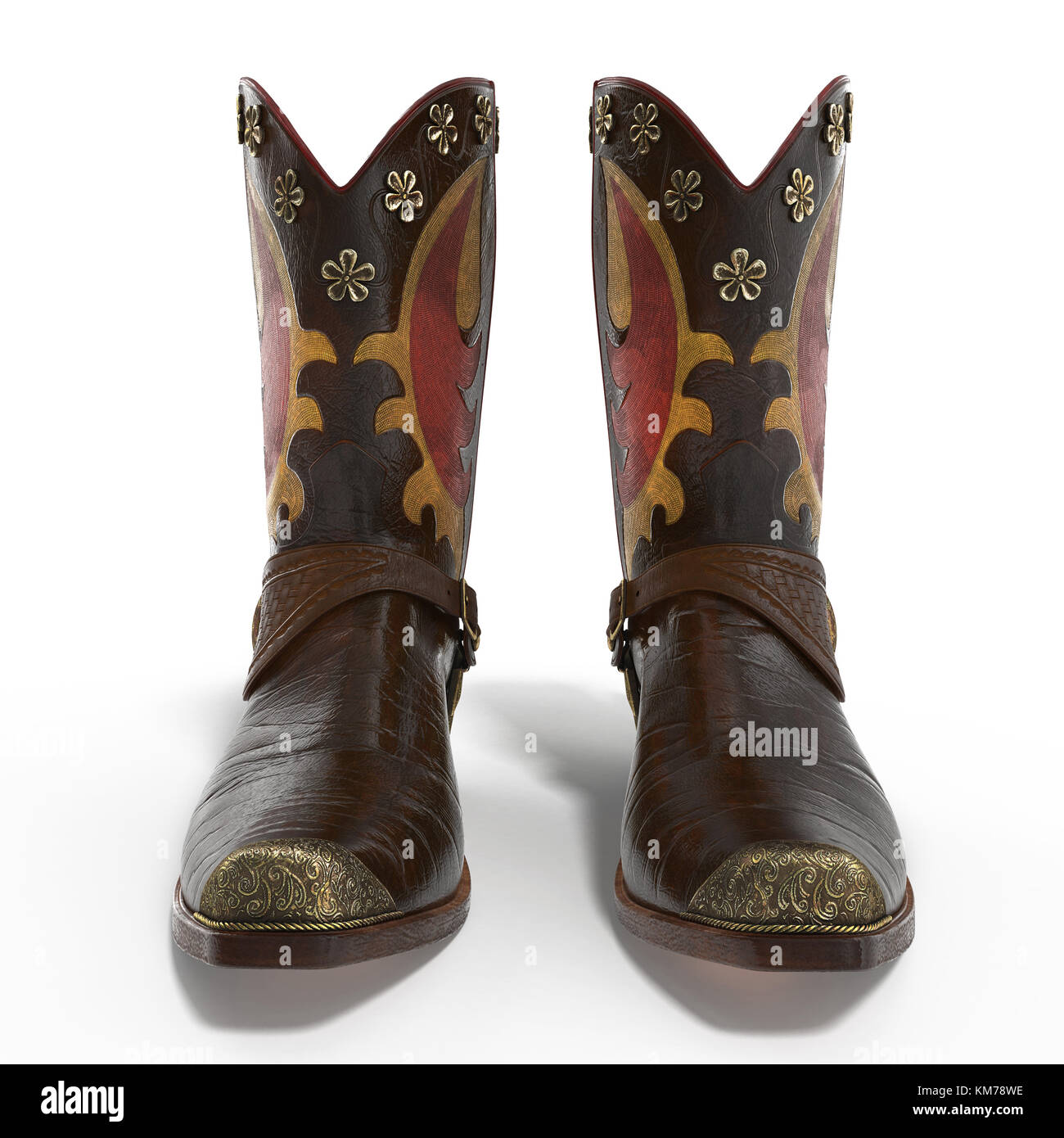 Vorderansicht Western Stiefel auf Weiß isoliert. 3D-Darstellung Stockfoto