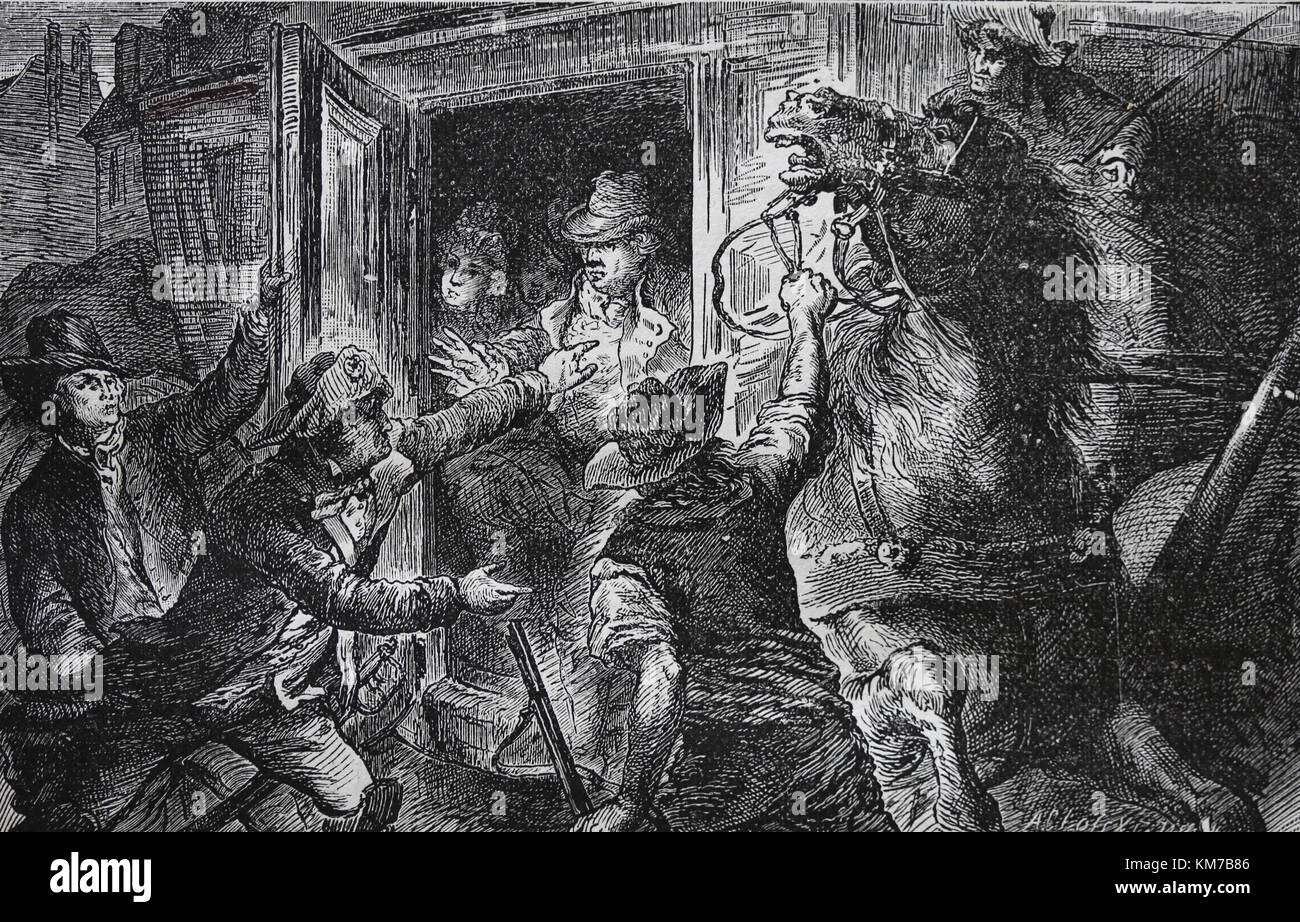 Französische Revolution (1789-1799). Verhaftung von König Ludwig XVI. (1754–1793) und seiner Familie in Varennes, Juni 1791. Gravur. Stockfoto