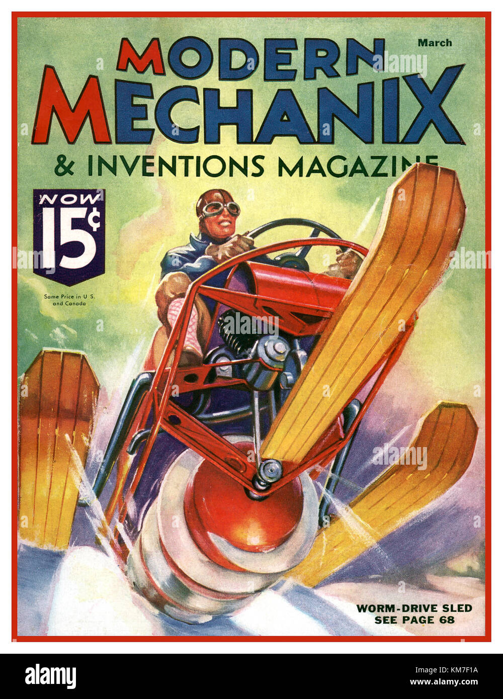1930 Erfindungen Magazin "Modern Mechanix" mit einem Wurm - mechanisierte Schnee Schlitten auf der vorderen Abdeckung bei 15 Cent und Antrieb Stockfoto
