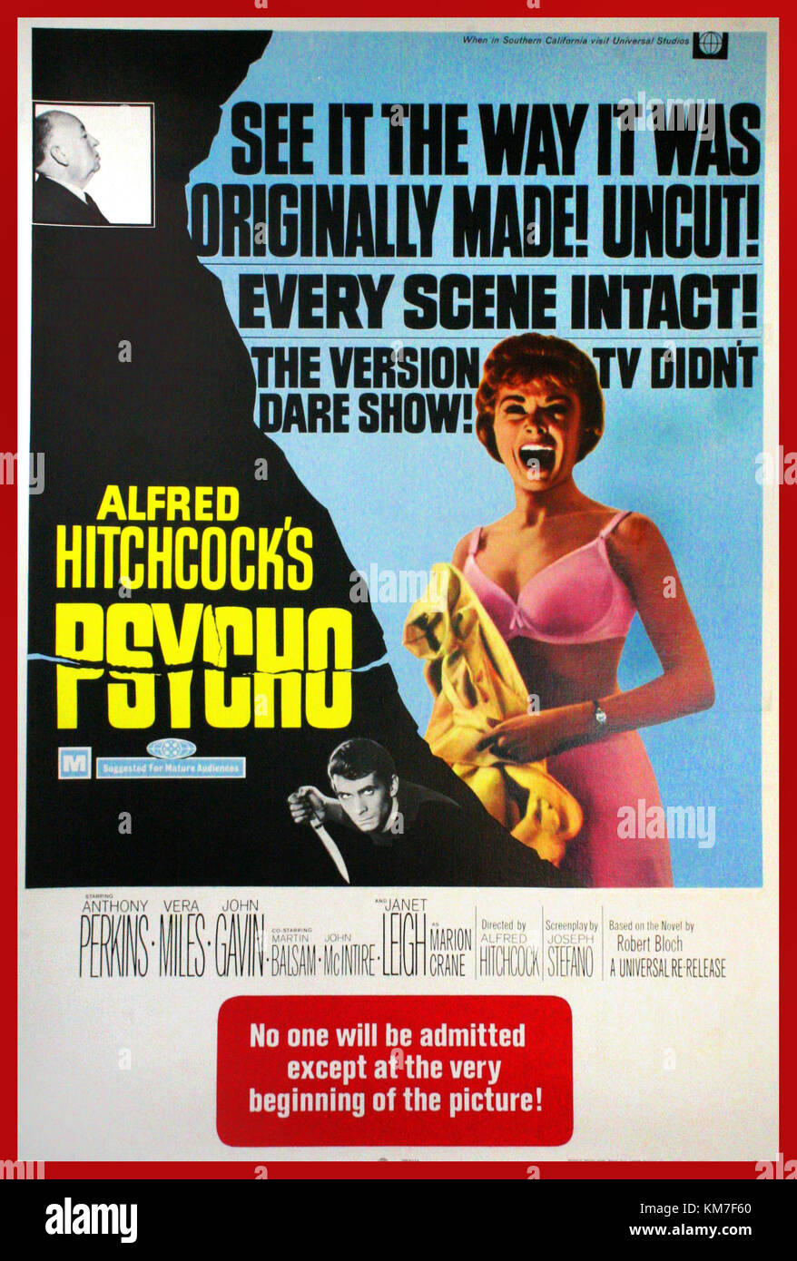 ALFRED HITCHCOCKS 'Psycho' 1960er Film Movie Poster, starring Anthony Perkins, Vera Miles und Janet Leigh. iconic Plakat 1969 für die berühmteste der Thriller Filme Alfred Hitchcocks Stockfoto