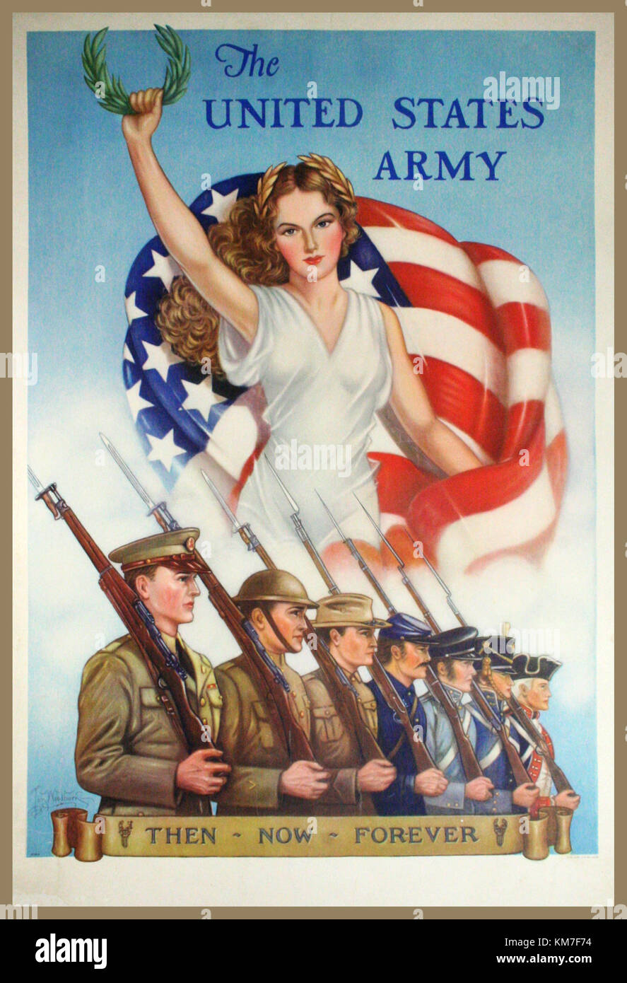 Propagandaplakat WW2 USA 1940 dann - JETZT - FOREVER, 1940. Jahrgang United States Army recruitment Poster von Thomas Woodburn Untertiteln mit Damals - Heute - Für immer. Diese Vintage Poster zeigt die amerikanischen Soldaten, die im Laufe der Jahrhunderte miltary Uniformen gekleidet, von einem patriotischen weibliche Figur in eine amerikanische Flagge drapiert dominiert. Stockfoto