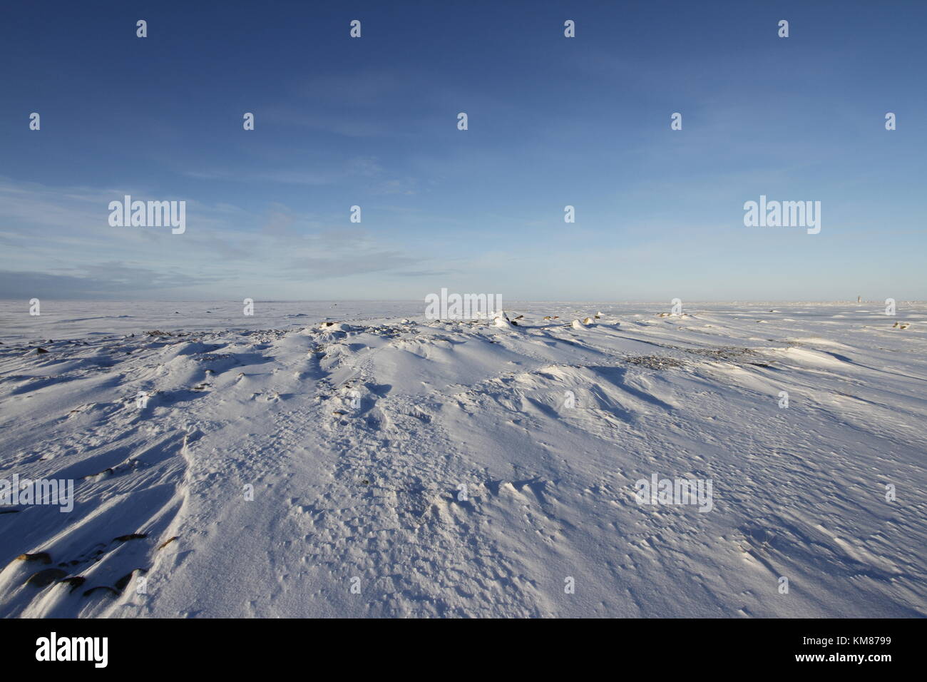 Arktische Landschaft mit Schnee auf dem Boden in der Nähe von Arviat, Nunavut Stockfoto