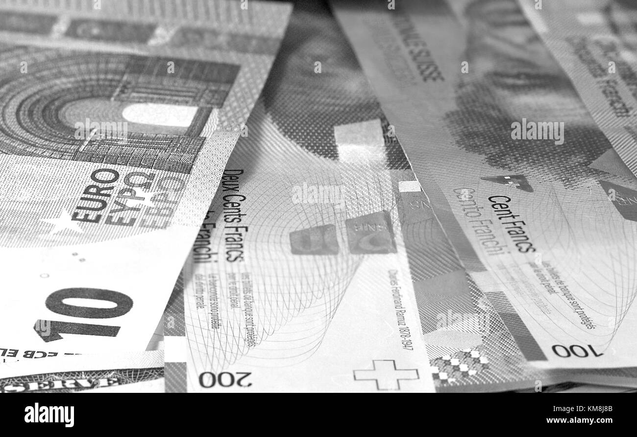 Euro Schweizer Franken hintergrund Schwarz und Weiß Stockfoto