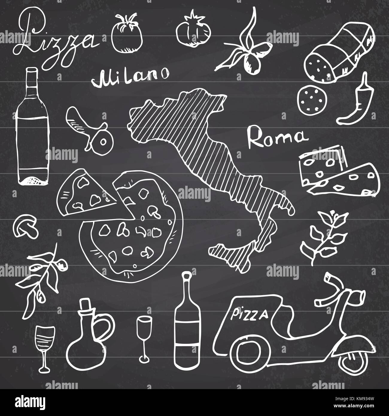 Italien Elemente doodles. Hand gezeichnet mit pizza Roller, Wein, Käse und Karte fest. Zeichnung doodle Sammlung, am schwarzen Brett Hintergrund. Stock Vektor