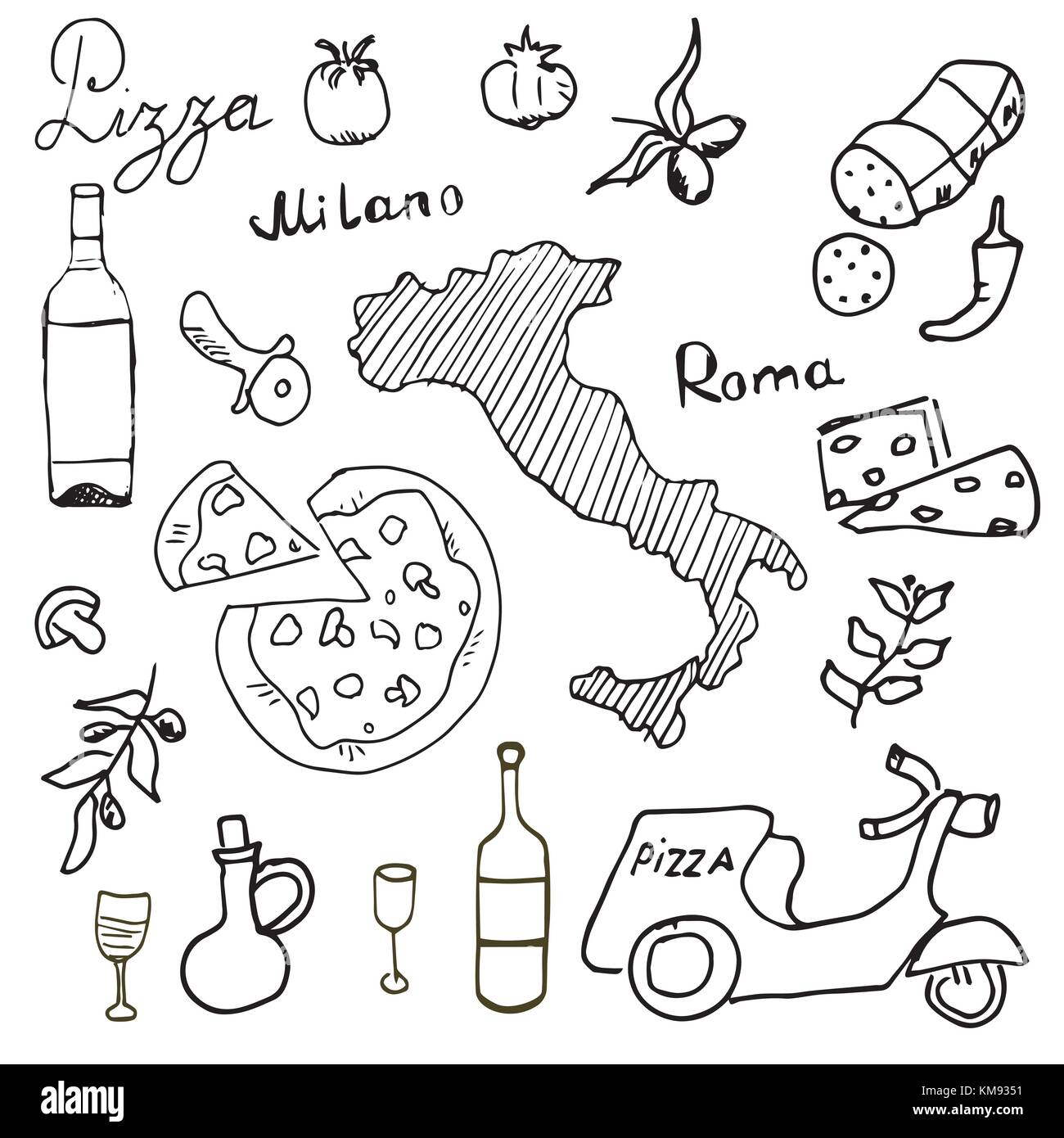 Italien Elemente doodles. Hand gezeichnet mit pizza Roller, Wein, Käse und Karte fest. Zeichnung doodle Kollektion, auf weißem Hintergrund. Stock Vektor