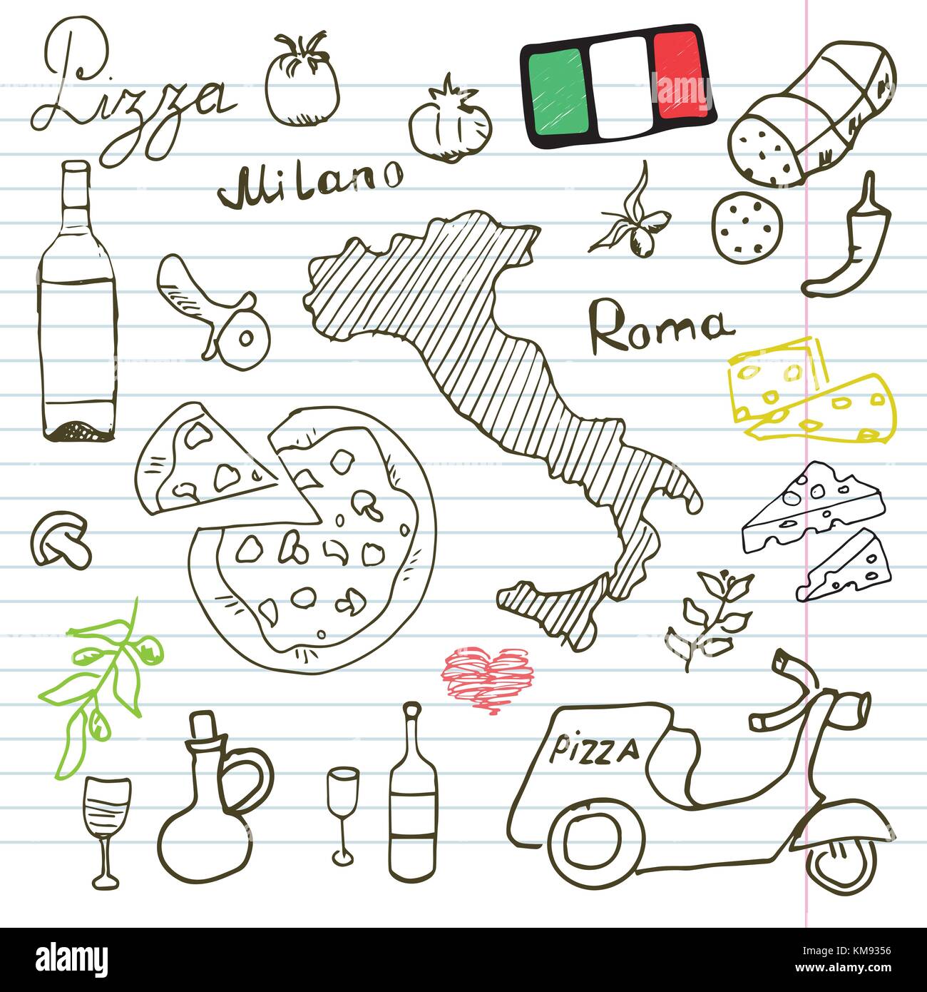 Italien Elemente doodles. Hand gezeichnet mit pizza Roller, Wein, Käse und Karte fest. Zeichnung doodle Kollektion, auf Papier Hintergrund Stock Vektor