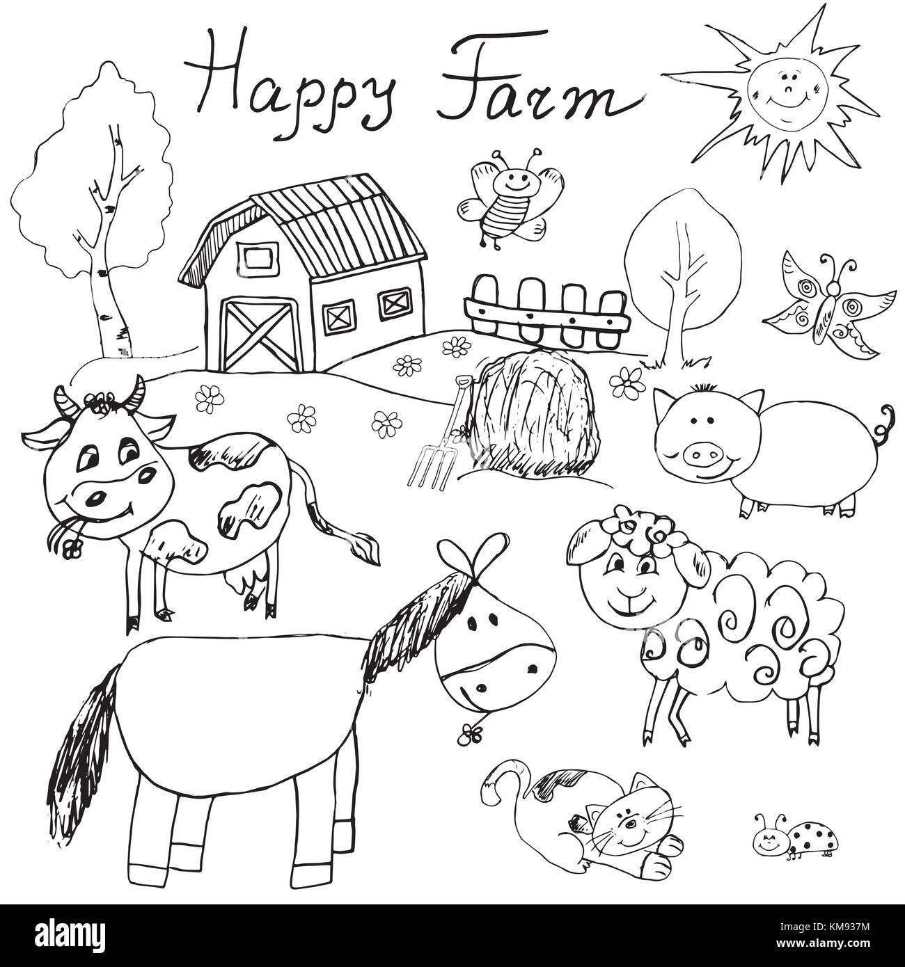 Happy farm doodles Symbole gesetzt. Hand gezeichnete Skizze mit Pferd, Kuh, Schafe, Schweine und Scheune. kindliche cartoony sketchy Vektor-illustration isoliert. Stock Vektor