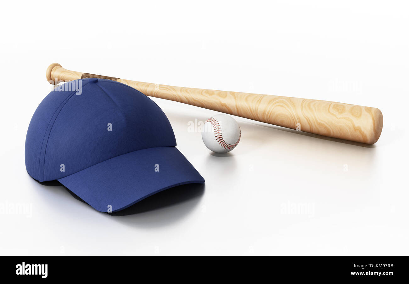 Baseball Cap, Ball und Schläger auf weißem Hintergrund. 3D-Darstellung. Stockfoto